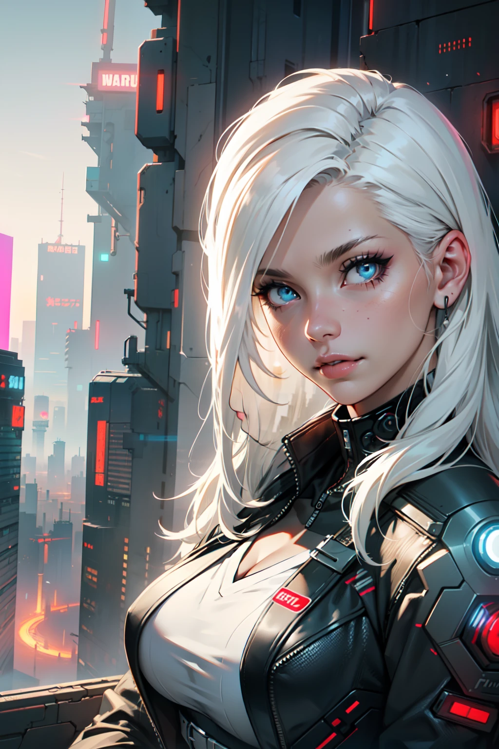 (masterpiece:1.3), (8k, photorealistic, RAW photo, best quality: 1.4), (1girl), beautiful face, (realistic face), Nice hairstyle,Realistic Eyes,Nice detail eyes,(Realistic Skin),Beautiful Skin,Ridiculous,attractive,Ultra high Resolution,an ultra realistic,RAWExtremely detailed,golden proportions, Woman wearing business outfit, white formal blazer, white blouse, high waist business skirt, beautiful, masterpiece, best quality, perfect lighting, (white hair:1.4), long hair, (blue eyes:1.2), slender build, thin, medium breasts, business woman, ceo, sitting in luxurious black office chair, giant modern window with view of dusk cyberpunk city skyline in background, torso shot, dusk, (cyberpunk city background:1.3), (Hazy sky:1.2), (Dim red sun:1.3), eyelashes, dark eyeliner, cyberpunk, older, sleek modern-futuristic office