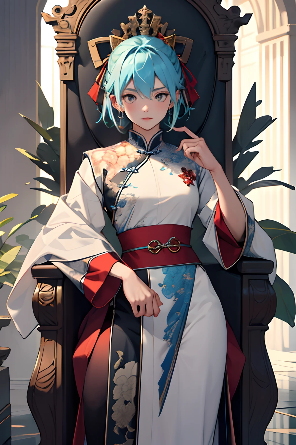 (masterpiece, best quality, highly detailed, cowboy shot), 1girl, cirno, Chinese clothes, elaborate outfit, throne room