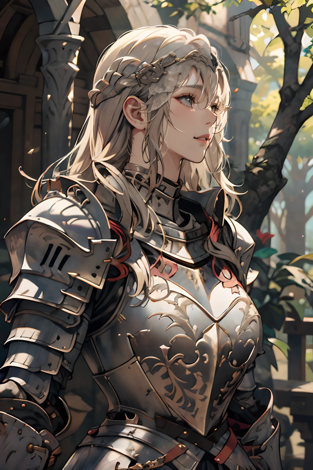 Women in Their 20s、1 persons、a close up of a woman in armor holding a sword, armor girl, Female knight, large full breasts、full armor, full armor, Gorgeous Female Paladin, Female knight, of a beautiful female knight, Beautiful armor, Plump、full armor, Steel armor、Gorgeous full-body armor, stunning armor,  beautiful female knight、in woods、lake、Staring at this、a smile