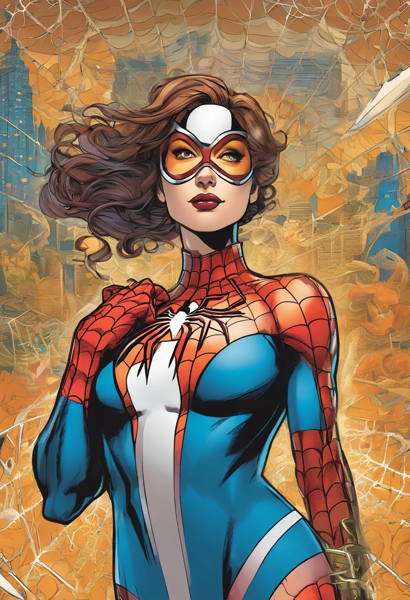 Mujer con traje semejante a spiderman, with golden spider web designs and the other colors are to, ul y blanco, tiene escote en el pecho con una gema en el. Aureola tras su cabeza.