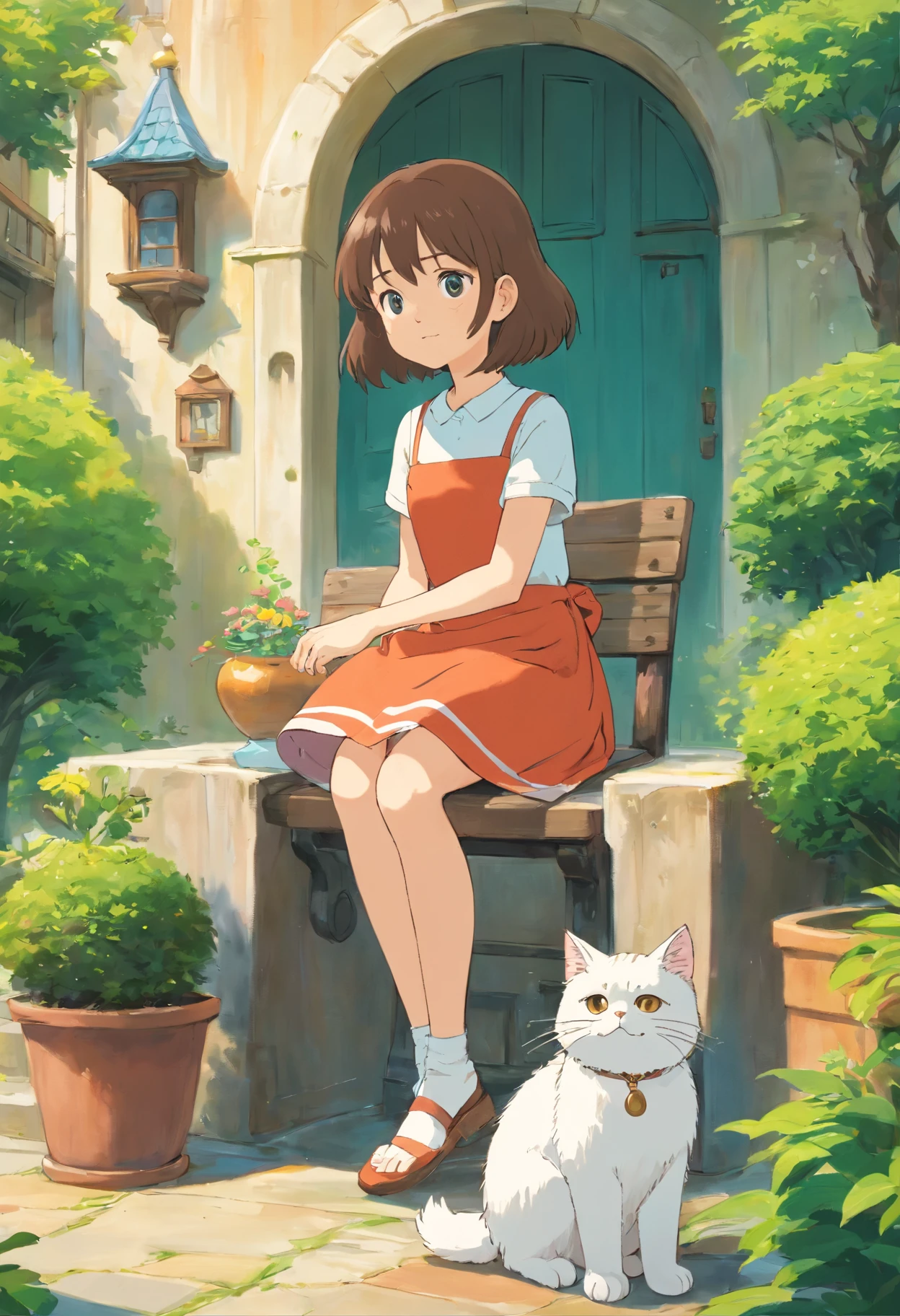 A girl sits on a chair with a round-eyed cute cat, Garden fountain, , Distant houses.