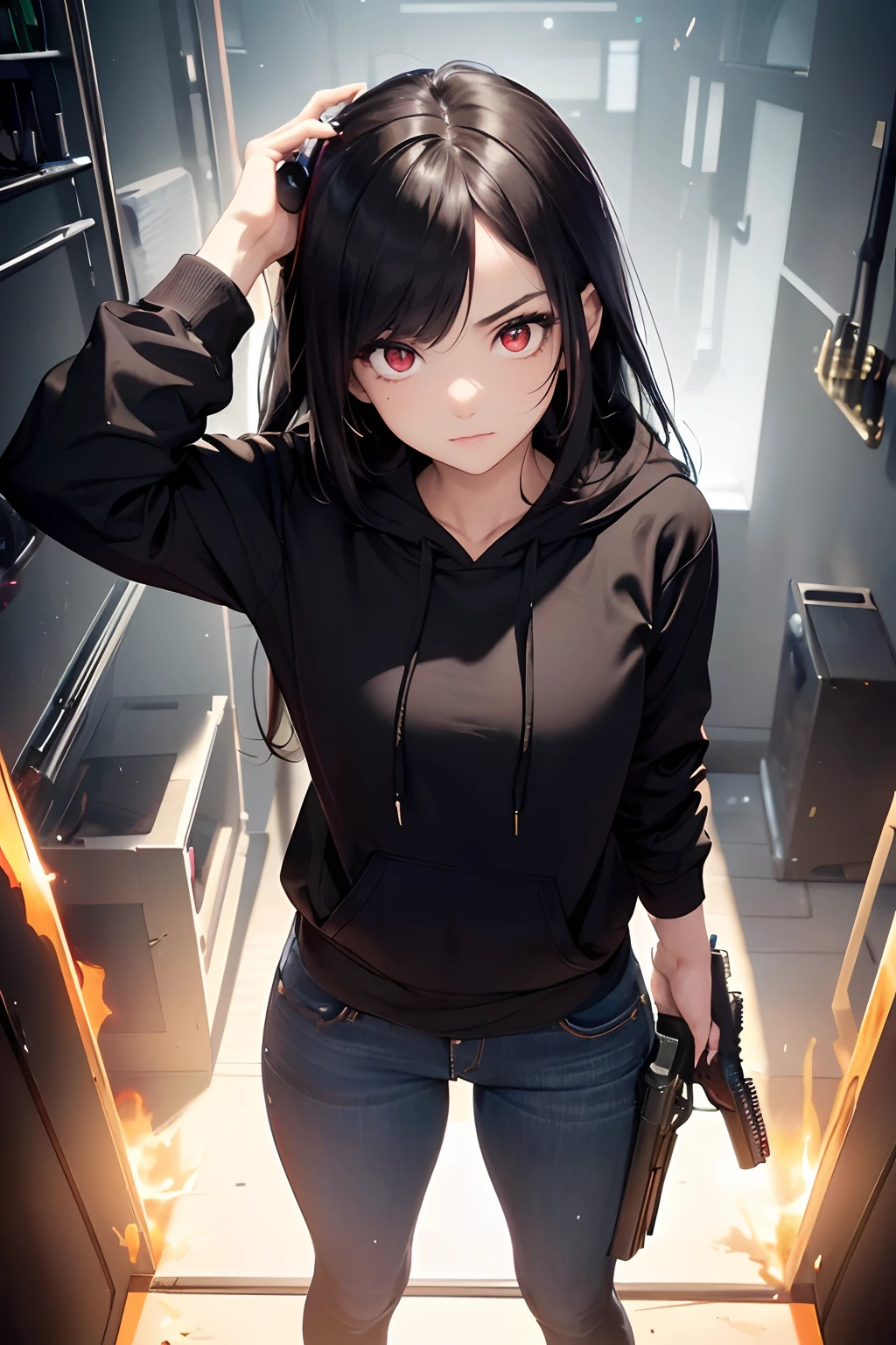 (masterpiece), best quality, expressive eyes, perfect face, A beautiful girl black hoodie, jeans, undefined dark gloomy background, standing, intimidating, smiling, glowing red eyes, (((holding pistol at viewer))), ((looking straight at viewer)), ((fiery eyes)), ((worried)), ((wide eyed)), ((un-dilated pupils)), (shoulder length black hair), ((wide shot)), (((view of body from thigh area to top of head))), ((pistol fully in view)), ((standing uprights, ready to fire)), ((black pistol in right hand)), ((perfect red eyes))
