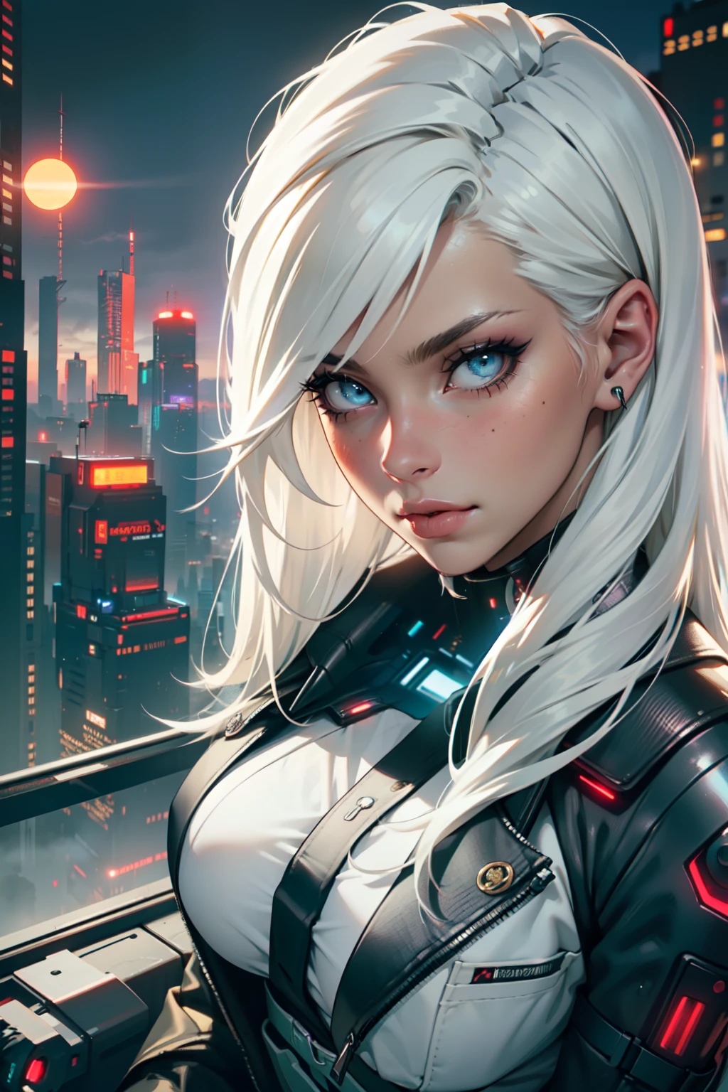 (masterpiece:1.3), (8k, photorealistic, RAW photo, best quality: 1.4), (1girl), beautiful face, (realistic face), Nice hairstyle,Realistic Eyes,Nice detail eyes,(Realistic Skin),Beautiful Skin,Ridiculous,attractive,Ultra high Resolution,an ultra realistic,RAWExtremely detailed,golden proportions, Woman wearing business outfit, white formal blazer, white blouse, white high waist business skirt, beautiful, masterpiece, best quality, perfect lighting, (white hair:1.4), long hair, (grey eyes:1.2), slender build, thin, medium breasts, business woman, ceo of small arms and aerospace centered mega corporation, sitting in luxurious black office chair, giant modern window with view of dusk cyberpunk city skyline in background, torso shot, dusk, (cyberpunk city background:1.3), (Hazy sky:1.2), (Dim red sun:1.3), eyelashes, dark eyeliner, cyberpunk, older, sleek modern-futuristic office, (white clothes:1.2), (aerospace:1.1)