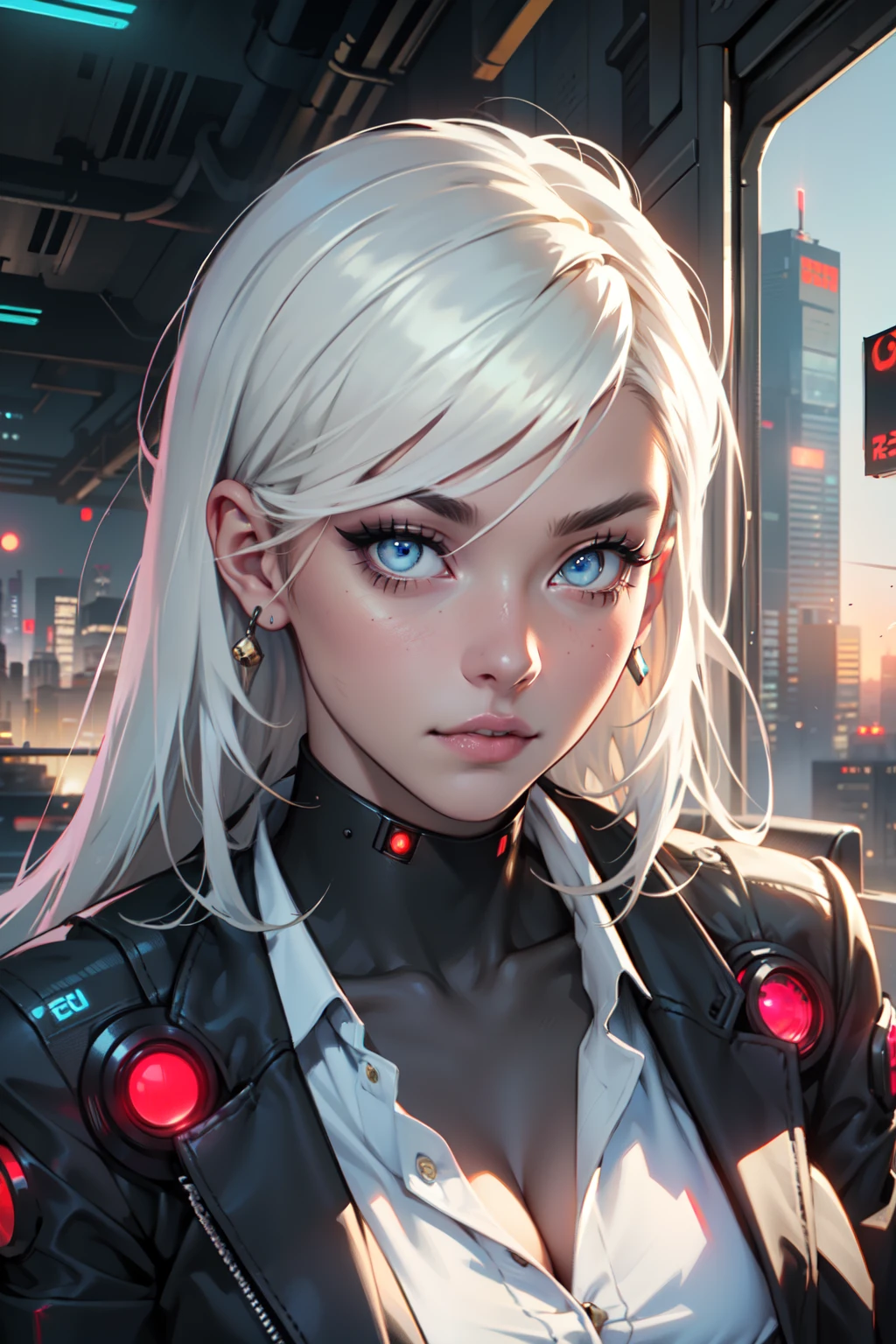 (masterpiece:1.3), (8k, photorealistic, RAW photo, best quality: 1.4), (1girl), beautiful face, (realistic face), Nice hairstyle,Realistic Eyes,Nice detail eyes,(Realistic Skin),Beautiful Skin,Ridiculous,attractive,Ultra high Resolution,an ultra realistic,RAWExtremely detailed,golden proportions, Woman wearing business outfit, white formal blazer, white blouse, high waist business skirt, beautiful, masterpiece, best quality, perfect lighting, (white hair:1.4), long hair, (blue eyes:1.2), slender build, thin, medium breasts, business woman, ceo, sitting in luxurious black office chair, giant modern window with view of dusk cyberpunk city skyline in background, torso shot, dusk, (cyberpunk city background:1.3), (Hazy sky:1.2), (Dim red sun:1.3), eyelashes, dark eyeliner, cyberpunk, older, sleek modern-futuristic office