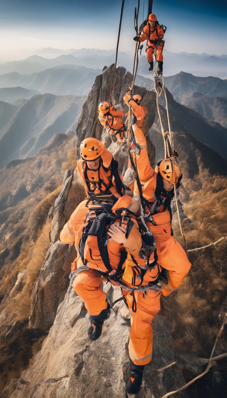 chineseidol,People who carry out rope rescue training,(A group of climbers:1.1),Rescue operations,action sports,climbing,mountain peaks,Cord,challenge,highly,Courage,(Heroic rescue scene:1.2),Emergency Response Team,full body shot of, (Jaw-dropping effect), ,(Studio lighting), hyper HD, International Association of Rope Technology,Explore boldly,Rope rescue techniques,Create a studio-like environment, Enhance visual impact