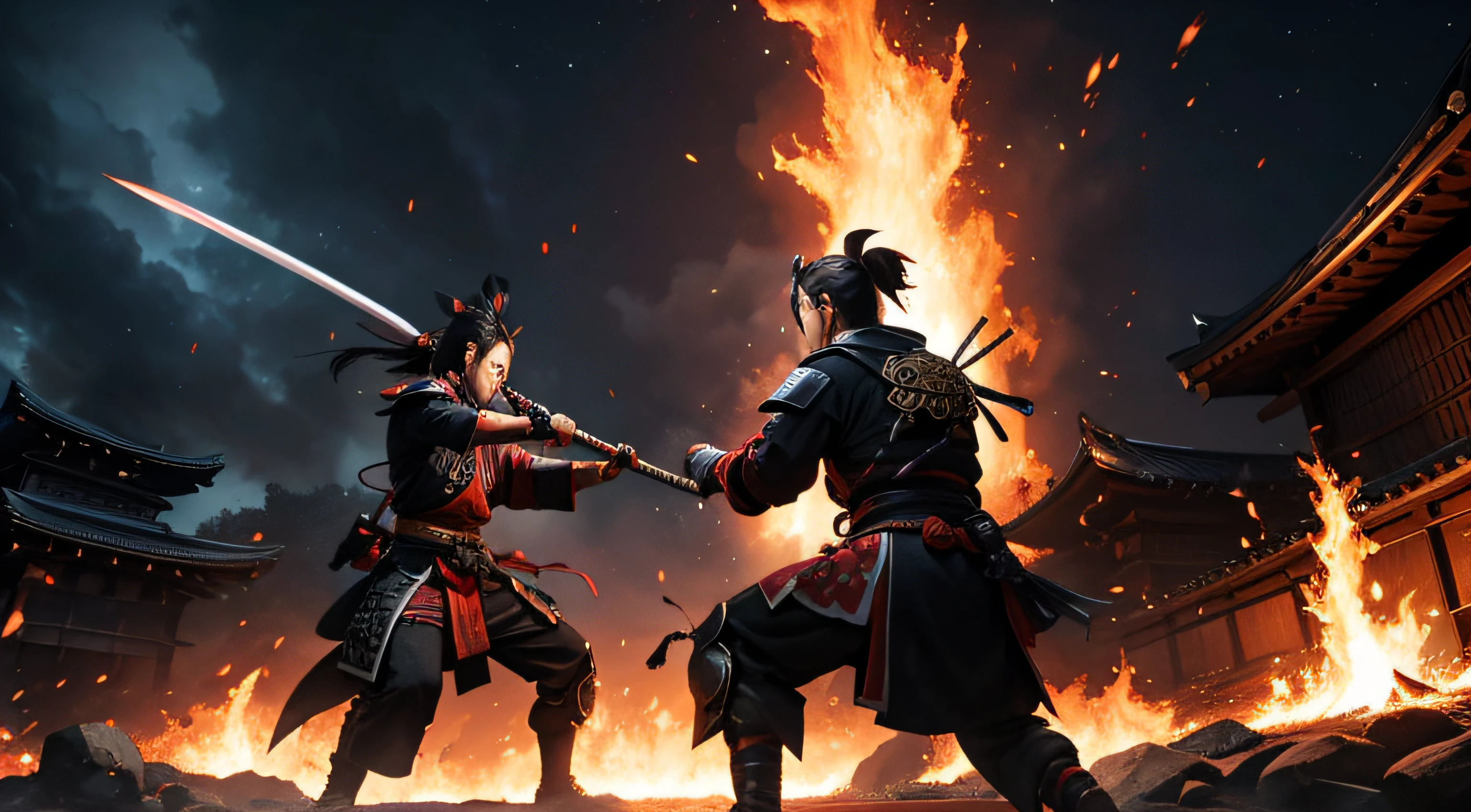 chaotic battle by Miyamoto Musashi, fire in the background, night