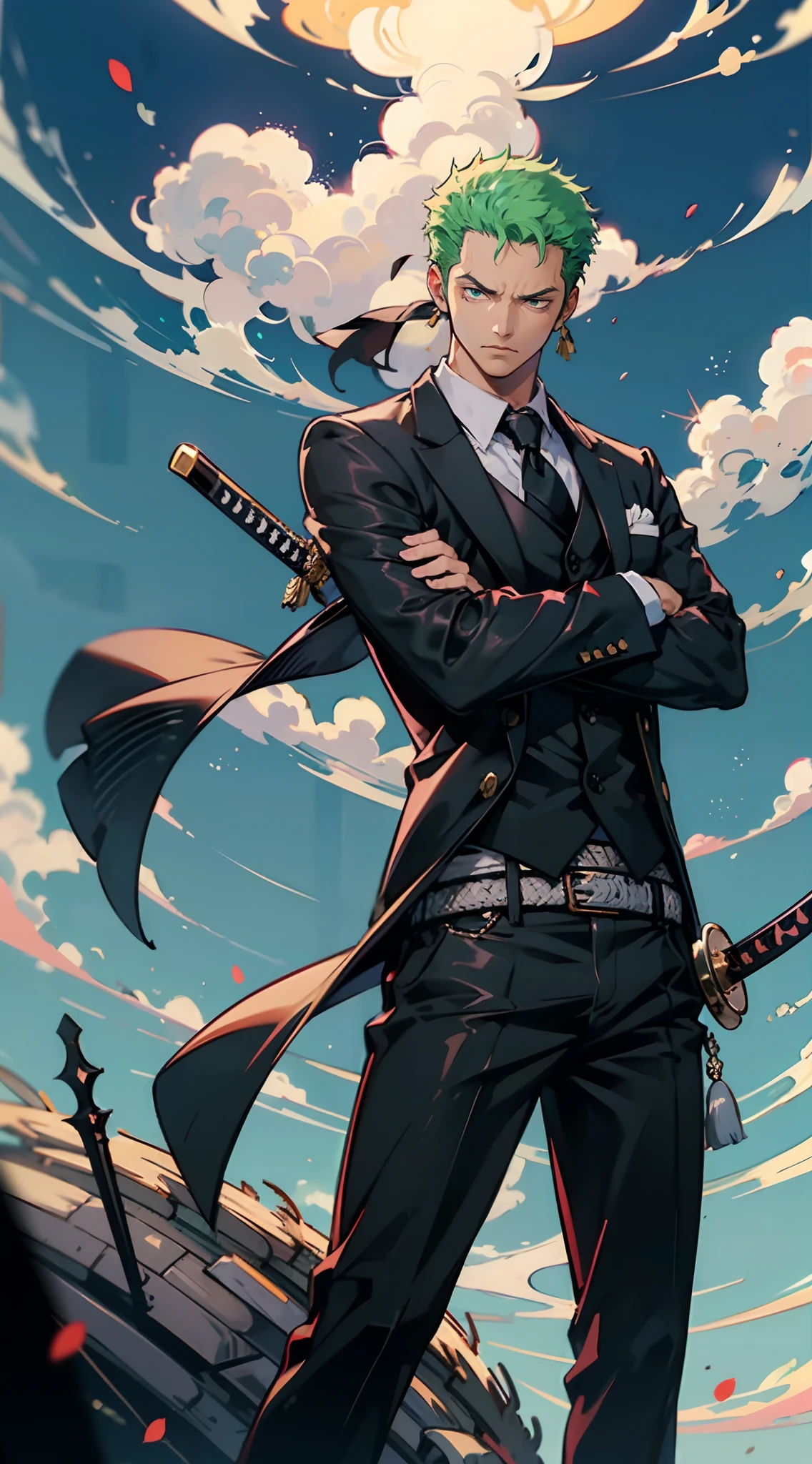 (Qualidade 4k),Roronoa Zoro, 1 menino, segurando espada, Pose de batalha, blue skies, de terno e gravata, serious face, ((Posar: espada))