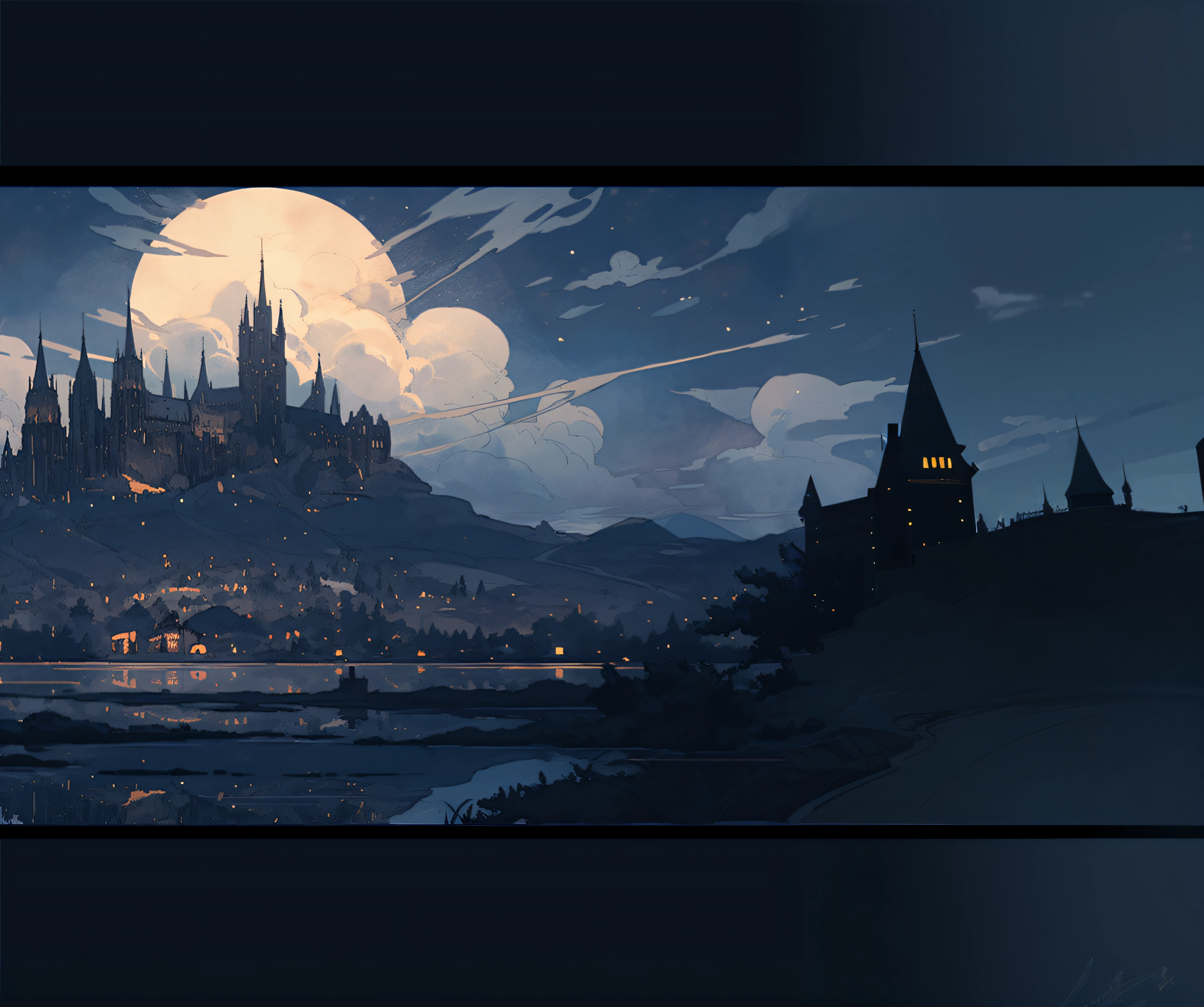 There is a painting of a castle on a full moon hill, andreas rocha style, bussiere rutkowski andreas rocha, background hogwarts, inspired by Andreas Rocha, hogwarts setting, author：Andreas Rocha, hogwarts 2 0 7 7, The Art of Harry Potter, the style of andreas rocha, 8K high quality detailed art, Hogwarts