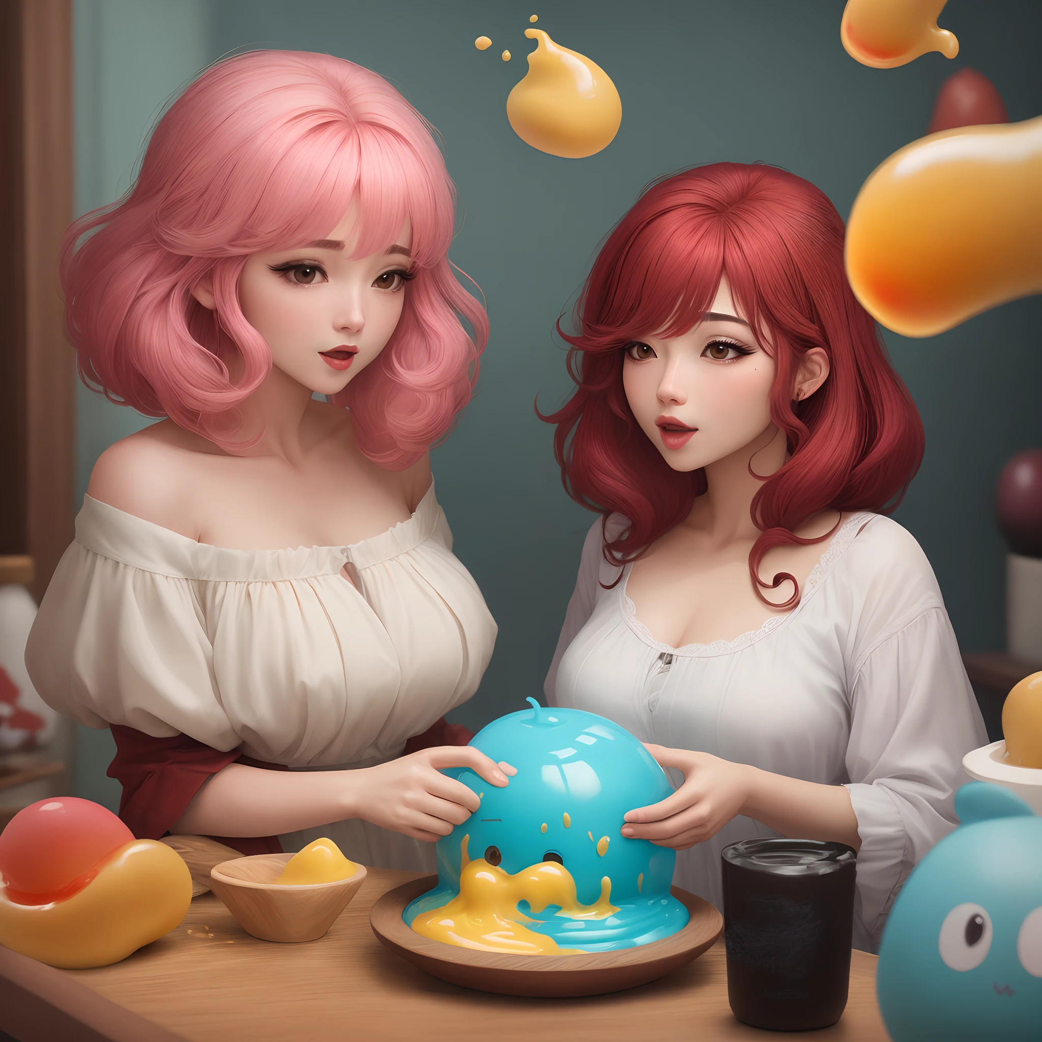Crie um personagem com cabelos vermelhos e azuis chupando uma rola