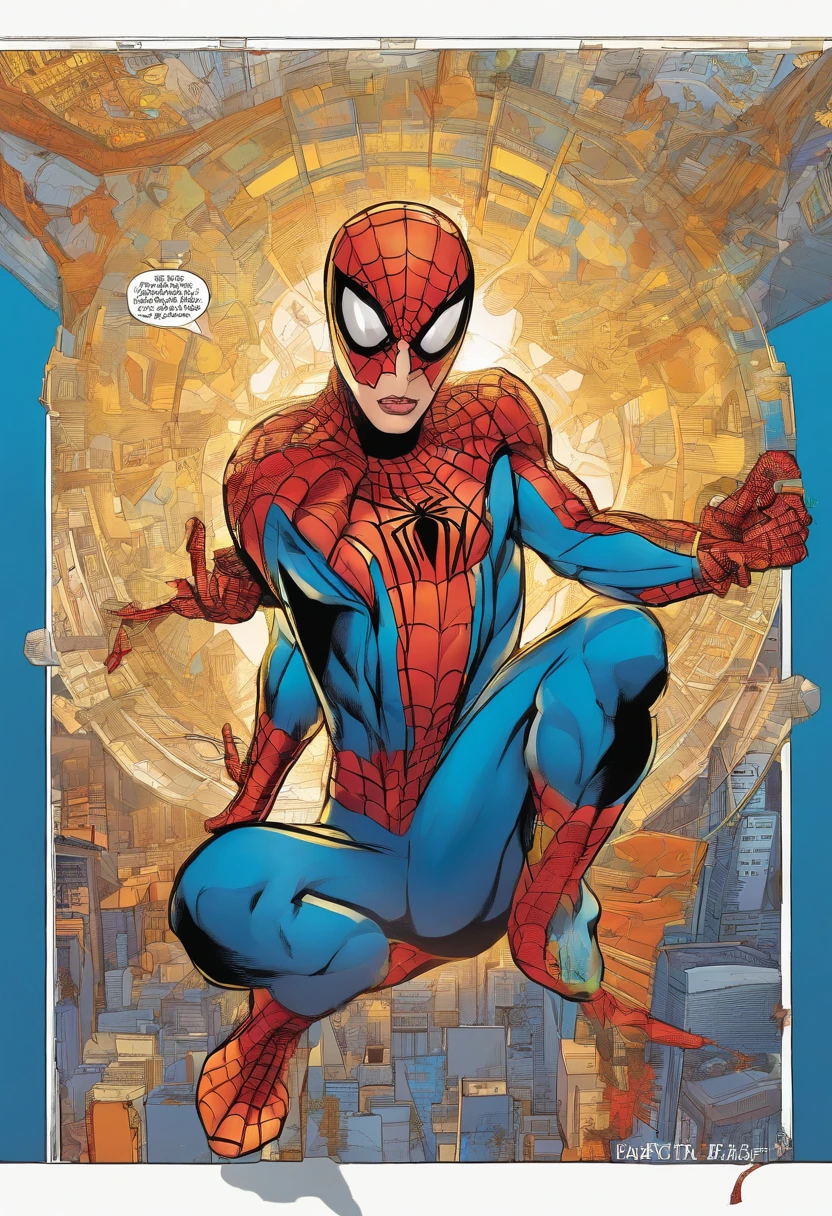 Mujer joven pelirroja con traje semejante a spiderman, with golden spider web designs and the other colors are blue and white, tiene escote en el pecho con una gema dorada incrustada en el. Aureola dorada tras su cabeza. She has halos of golden light on her wrists.