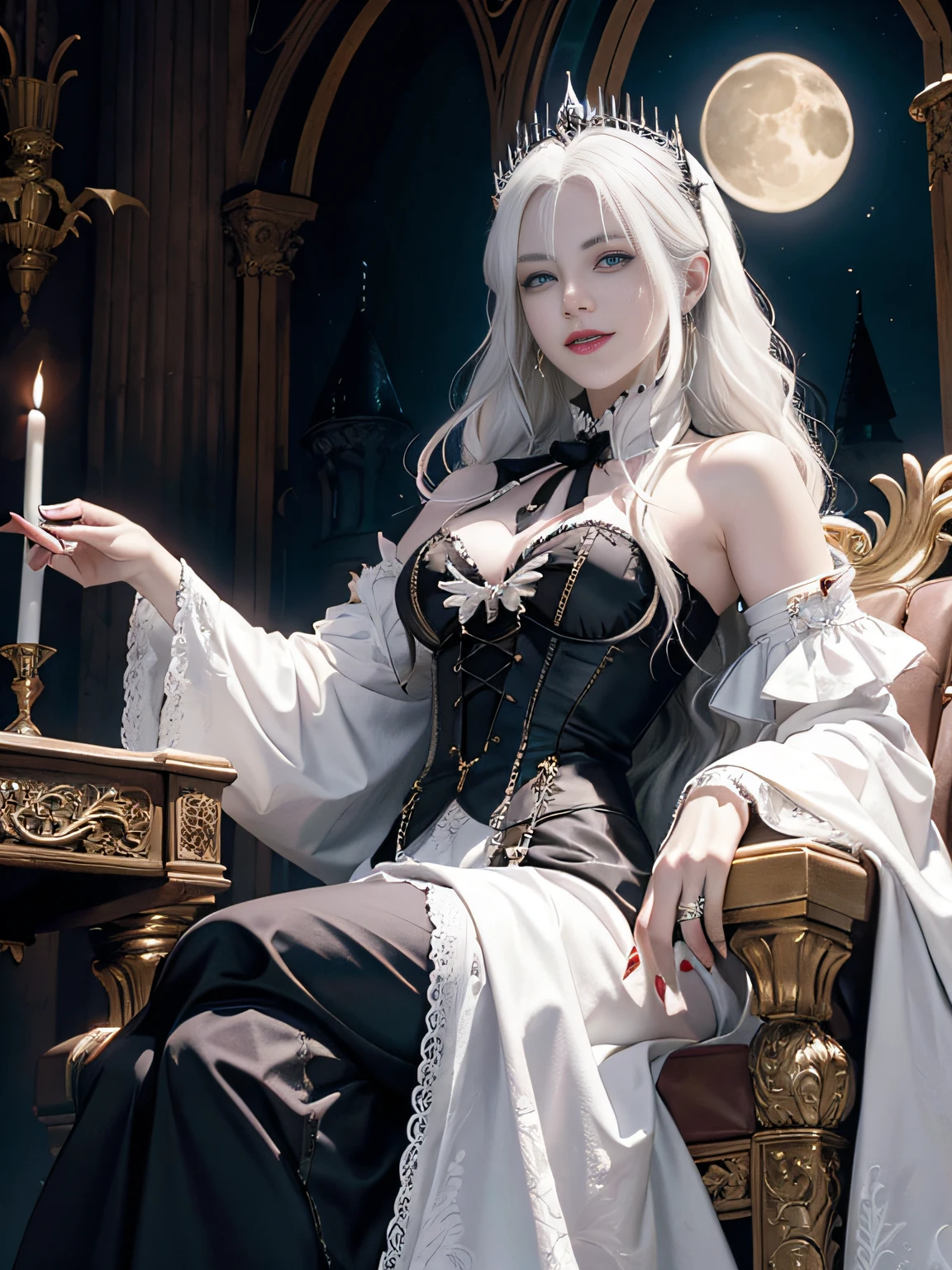 (White-haired vampire lord) (Accesorios de oro) (Sentado en un trono) (luna, Background of the Gothic castle) (Altamente detallado) (sonrisa malvada) (Gothic castle)