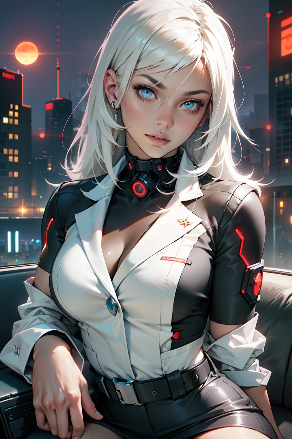 (masterpiece:1.3), (8k, photorealistic, RAW photo, best quality: 1.4), (1girl), beautiful face, (realistic face), Nice hairstyle，Realistic Eyes，Nice detail eyes，（Realistic Skin），Beautiful Skin，Ridiculous，attractive，Ultra high Resolution，an ultra realistic，RAWExtremely detailed，golden proportions, Woman wearing business outfit, formal blazer, white blouse, high waist business skirt, sheer pantyhose, beautiful, masterpiece, best quality, perfect lighting, (white hair:1.4), long hair, (grey eyes:1.2), slender build, thin, medium breasts, business woman, ceo, sitting in luxurious black office chair, giant modern window with view of dusk cyberpunk city skyline in background, close up, dusk, (cyberpunk city background:1.3), (Hazy sky:1.2), (Dim red sun:1.3), eyelashes, dark eyeliner, cyberpunk