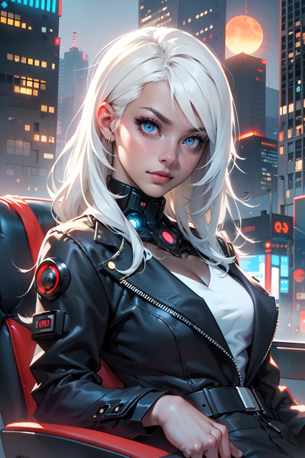 (masterpiece:1.3), (8k, photorealistic, RAW photo, best quality: 1.4), (1girl), beautiful face, (realistic face), Nice hairstyle,Realistic Eyes,Nice detail eyes,(Realistic Skin),Beautiful Skin,Ridiculous,attractive,Ultra high Resolution,an ultra realistic,RAWExtremely detailed,golden proportions, Woman wearing business outfit, white formal blazer, white blouse, high waist business skirt, beautiful, masterpiece, best quality, perfect lighting, (white hair:1.4), long hair, (blue eyes:1.2), slender build, thin, medium breasts, business woman, ceo, sitting in luxurious black office chair, giant modern window with view of dusk cyberpunk city skyline in background, (full body shot), dusk, (cyberpunk city background:1.3), (Hazy sky:1.2), (Dim red sun:1.3), eyelashes, dark eyeliner, cyberpunk, older, sleek modern-futuristic office