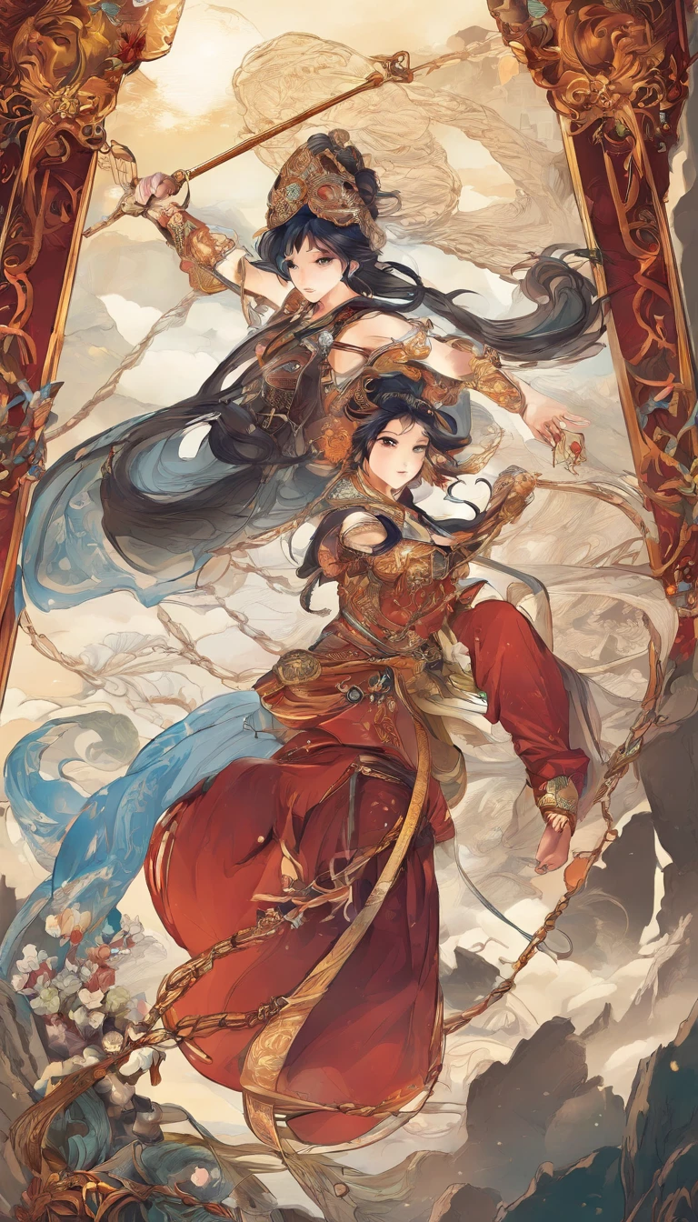Léon Bakst, Yoshitoki Ōima, Surreal, mysterious, strange, fantastical, fantasy, Sci-fi, Japanese anime, symbol of order and chaos called a festival city, dress of light and shadow, beautiful girl, watch manufacturing, detailed masterpiece