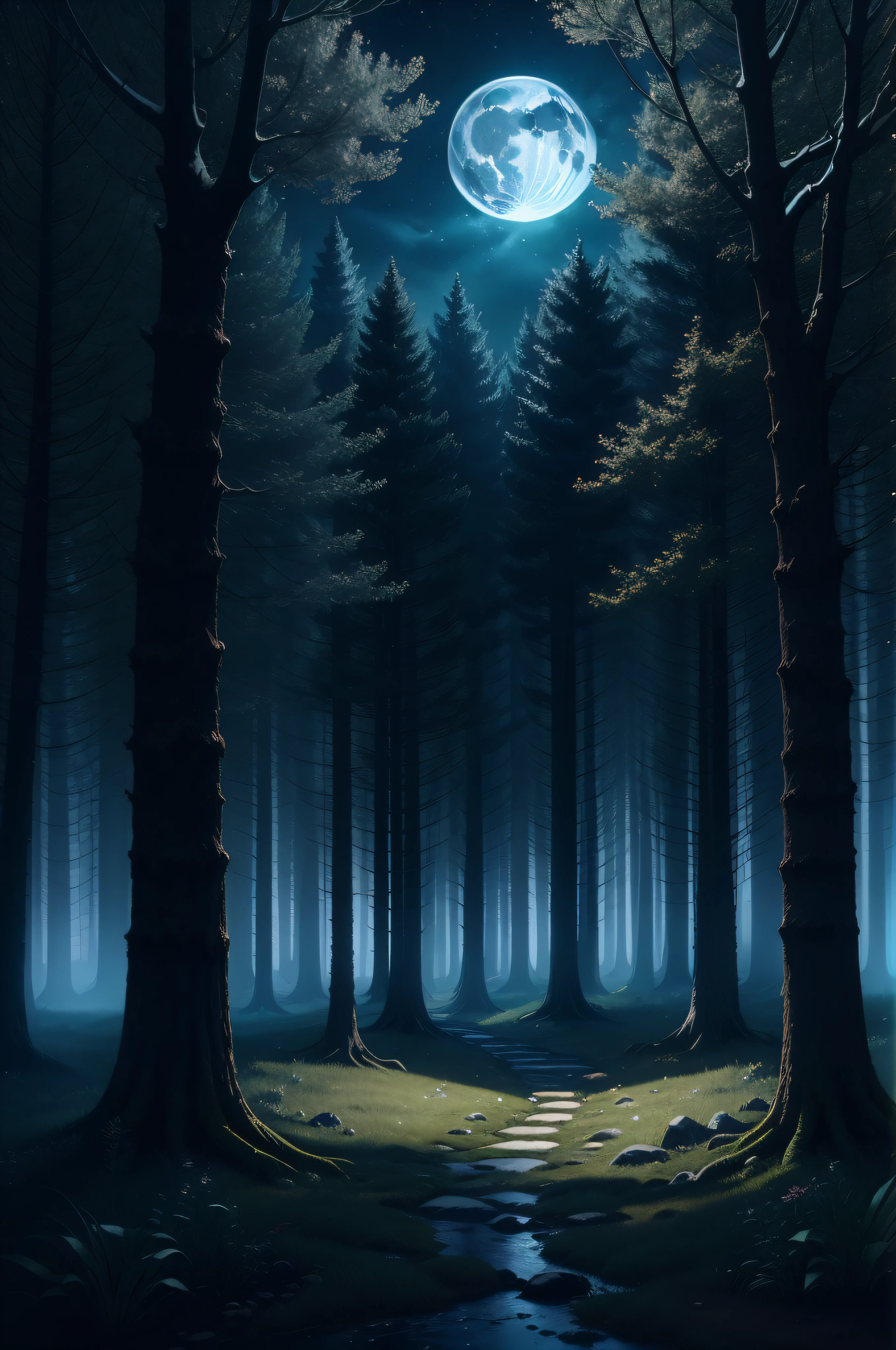 An image of a mysterious and enchanting forest illuminated by the moonlight, with hints of magical energy swirling among the trees, could symbolize the pivotal role the Moonlit Forest plays in the story