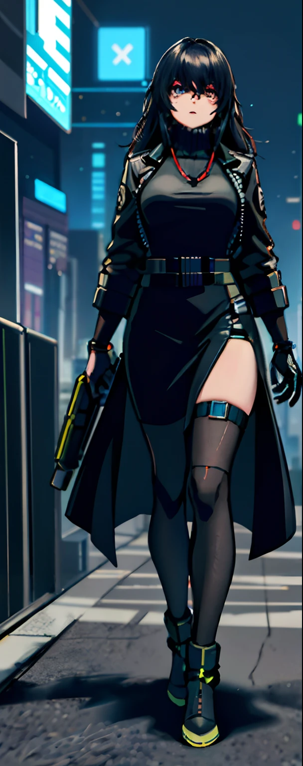 The woman with cyberpunk-style mechanized body parts stands out. His transparent skin exposed circuits and cables, His eyes glow with colored LEDs. The limbs are a mixture of meat and metal, Features an advanced prosthetic and cybernetic interface. Wearing a black leather jacket, The characters are set in a dystopian urban environment，Skyscrapers decay. The image represents the fusion between man and machine in a cyberpunk futuristic world