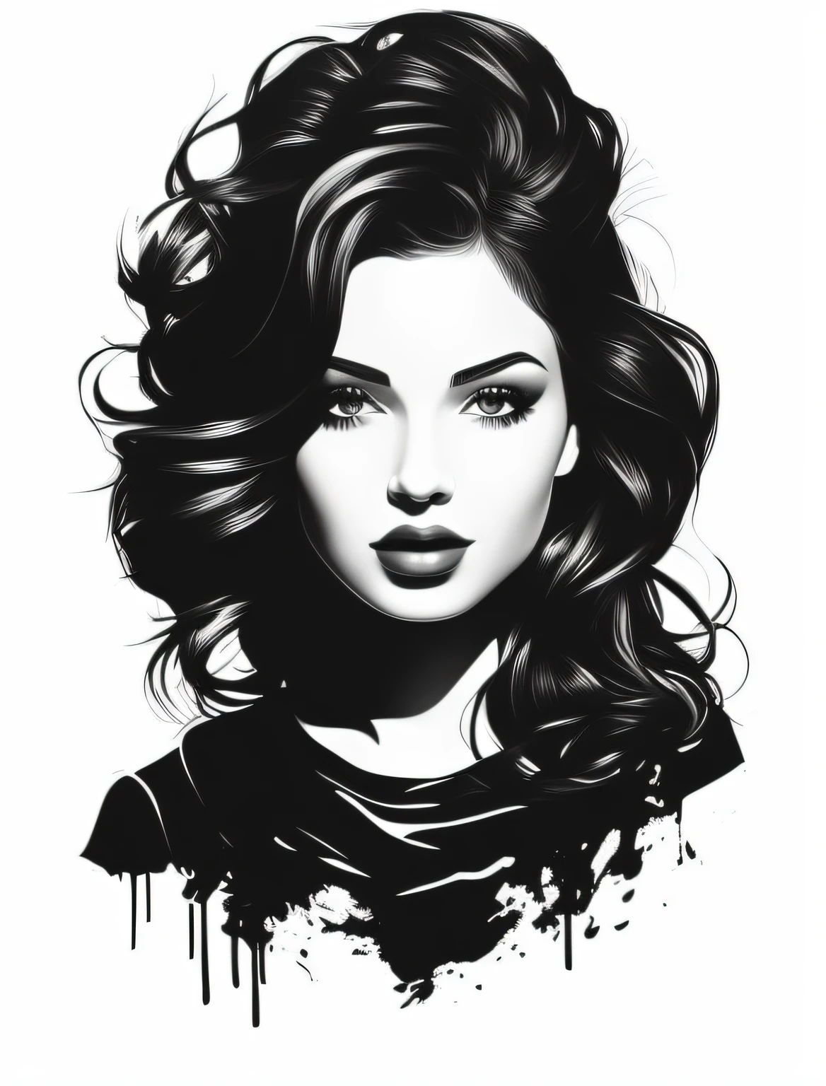 um desenho preto e branco de uma mulher com cabelo comprido, arte vetorial em preto e branco, arte vetorial altamente detalhada, Arte vetorial HD, air brush illustration, desenho de estilo vetorial, arte em preto e branco, estilo de arte vetorial, extremely high quality artwork, in illustration style digital, high quality sketch art, arte vetorial, Estilo de tinta preto e branco, Estilo de desenho bonito