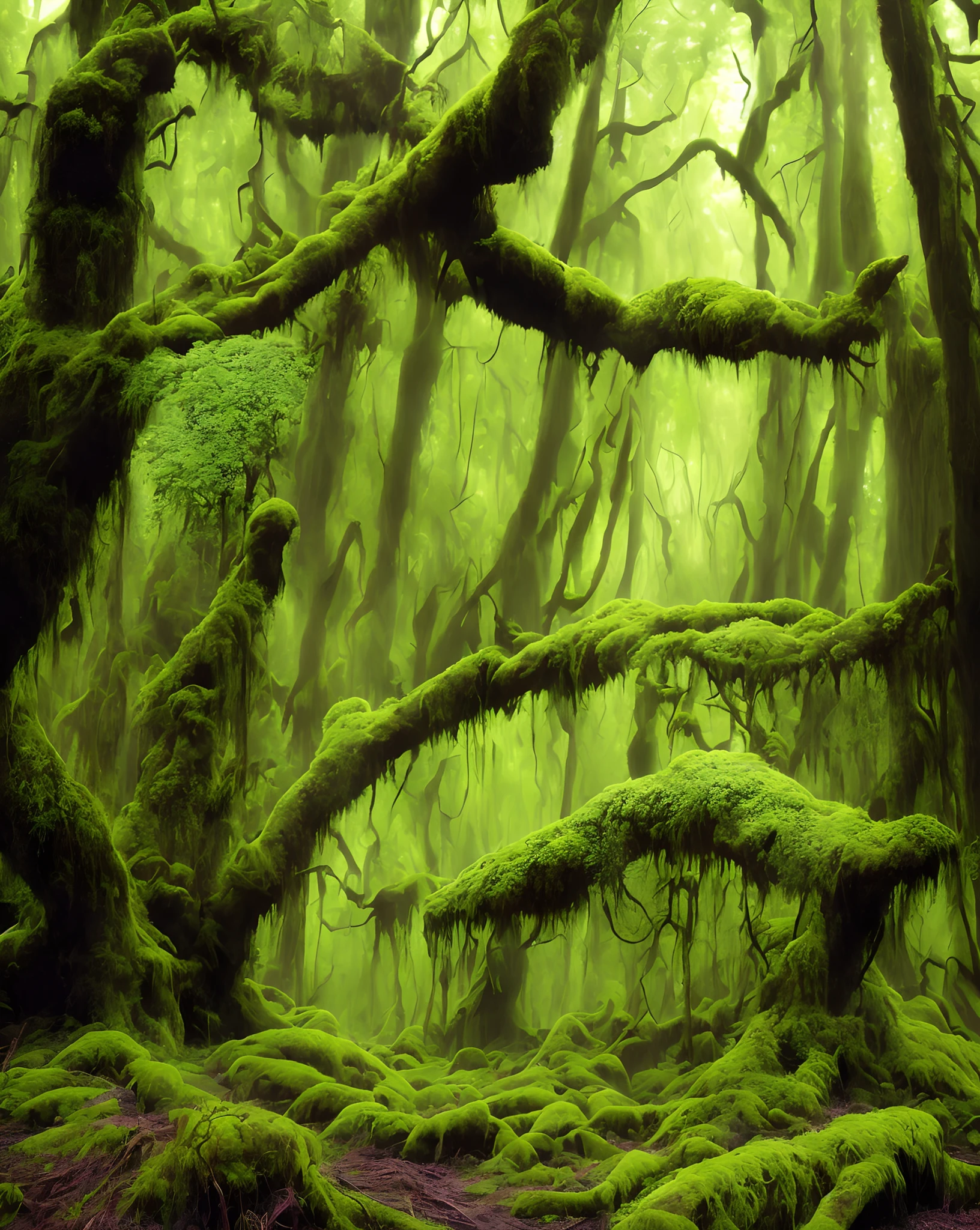 Depict a lush, mystical forest with ancient, towering trees and a carpet of moss beneath.