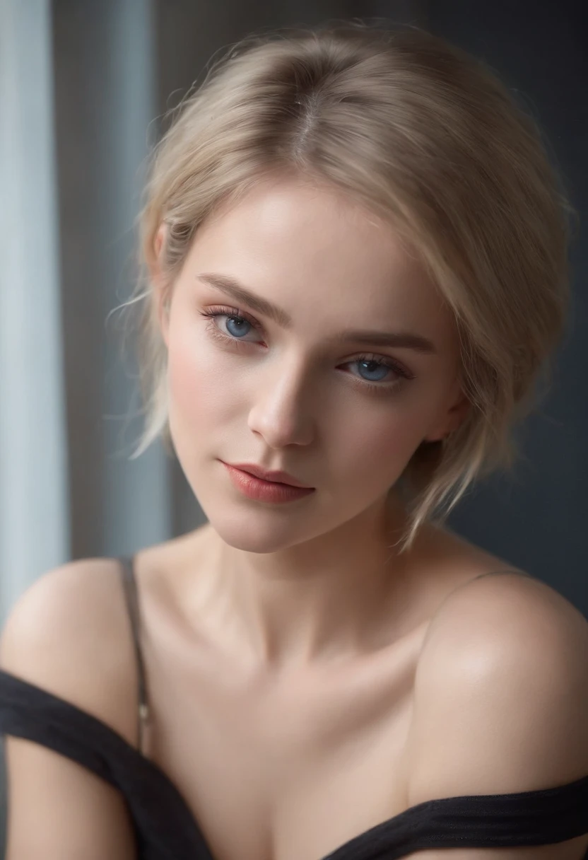 Best quality, masterpiece, ultra high res, (photorealistic:1.5), raw photo, 1girl, offshoulder, in the dark, deep shadow, low key, cold light, sexy look, short hair, blonde hair, blue eyes, without makeup, imperfect skin, natural