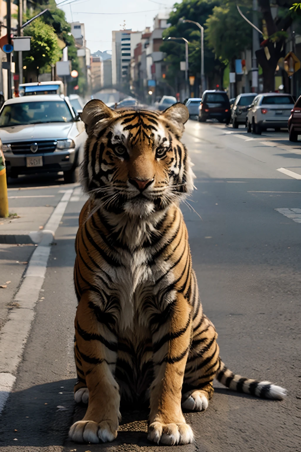 tigre na rua da cidade realista