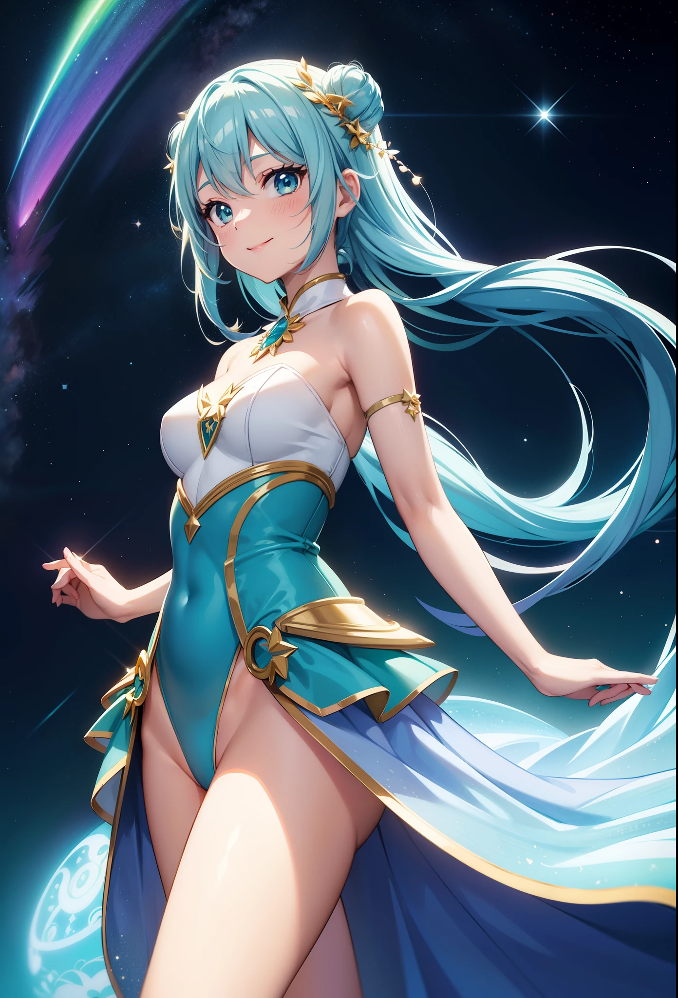 Super Idol a beauty girl A charming smile sky blue hair length hair Facing straight ahead Twin-tailed Sparkling light green and white leotard outfit Mystical Fantasia constellation a moon Crystal Brilliance Aurora Borealis in the Night Sky