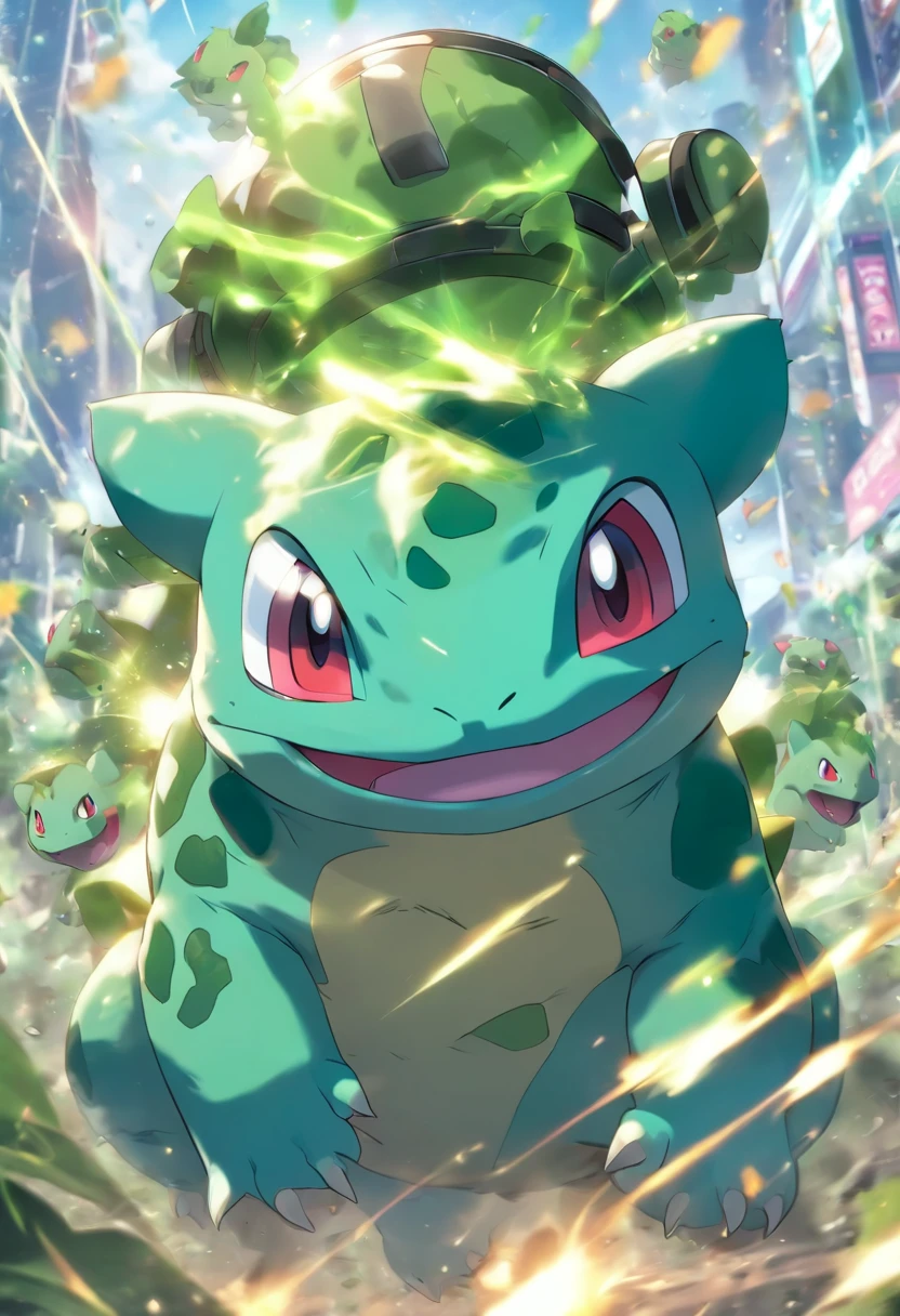 Pokémon Bulbasaur on the battlefield ,Bulbasaur has a headset, A mais alta qualidade de imagem,cinematic texture,uma obra-prima,tmasterpiece, wallpaper