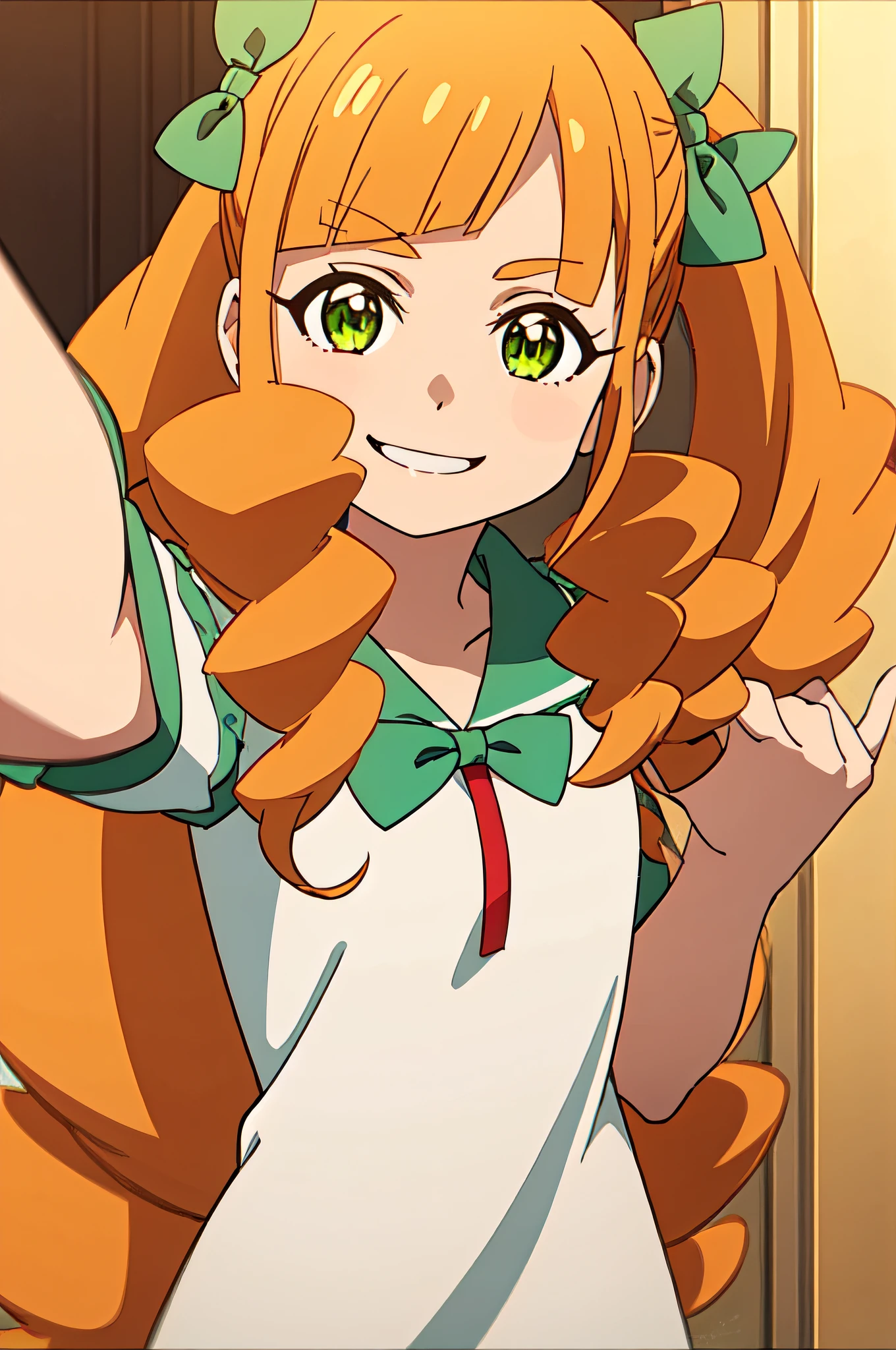 POMPONETTE, green eyes, long hair, hair bow, twintail, hair drill, orange hair, white dress, bow, 1girl, solo, upper body, facing viewer, looking at viewer, smile.