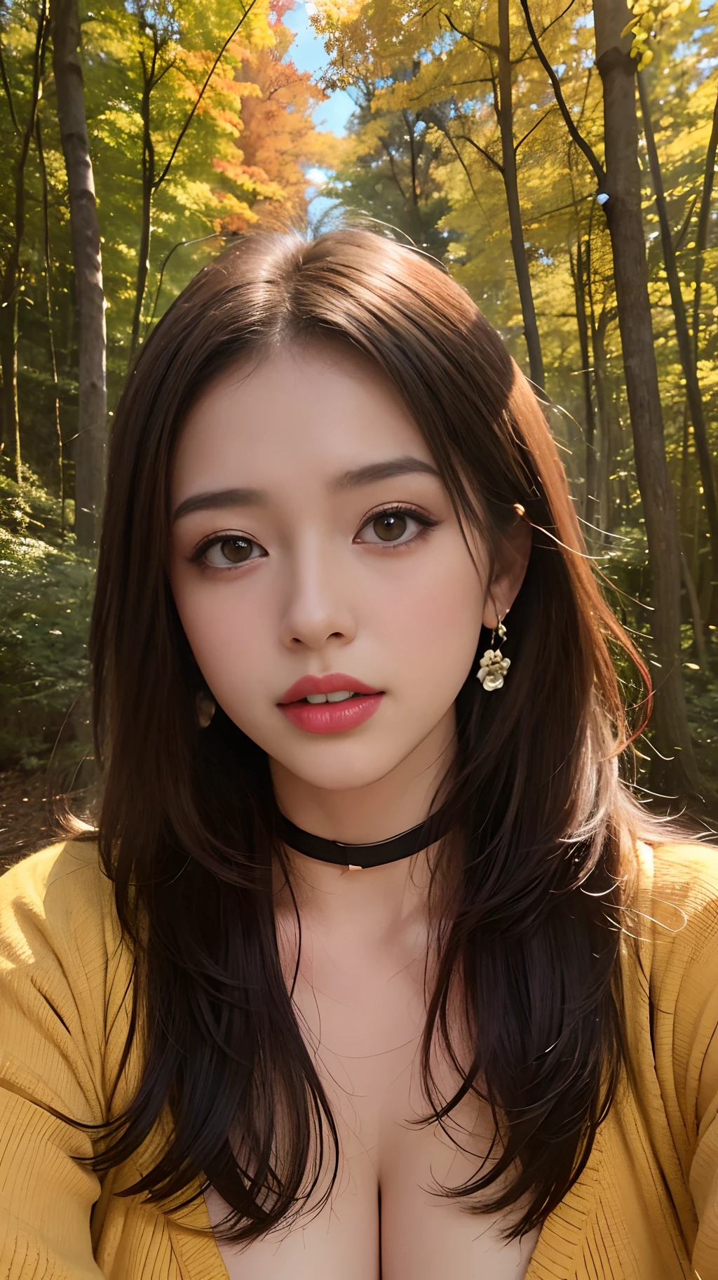 1girll， In the forest，autumnal，fresh flowers，fall foliage，The upper part of the body， closeup cleavage， 8K， RAW photos， best qualtiy， tmasterpiece， realisticlying， photograph realistic，huge tit，Wear earrings，wearing a choker，Bigchest