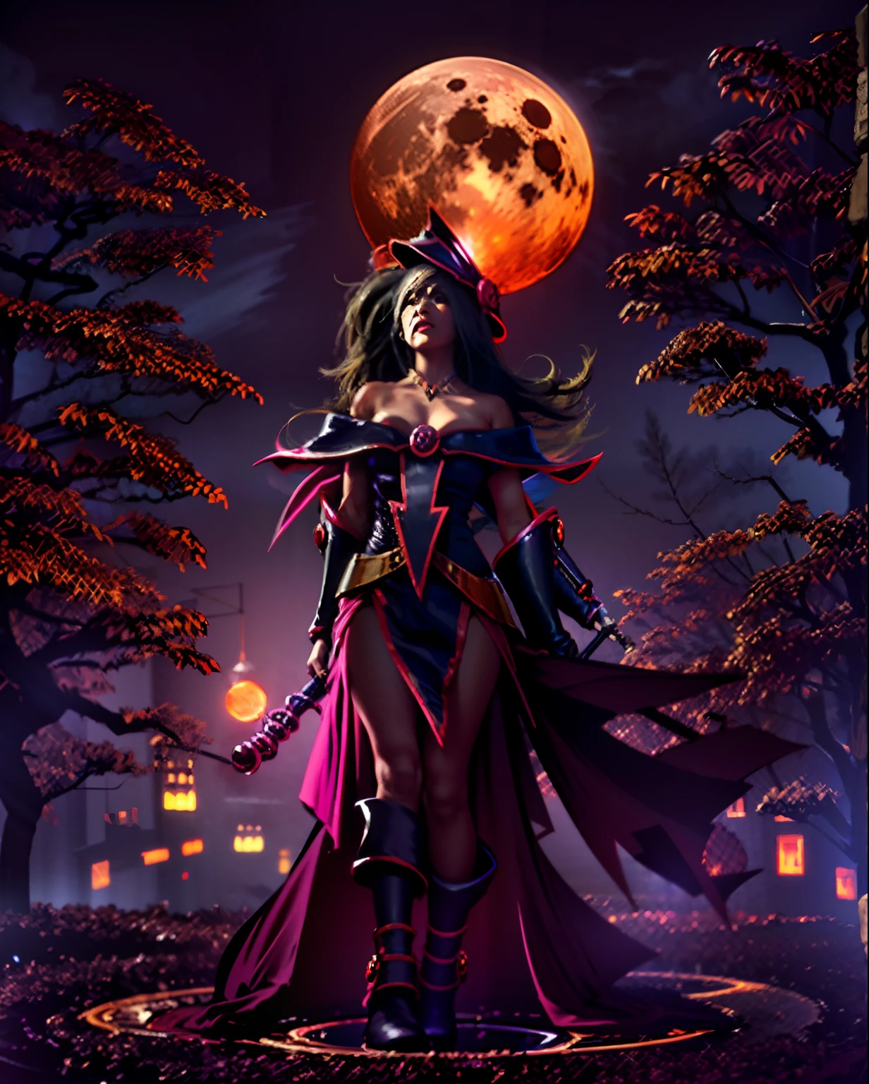 Mago oscuro gils bruja, Create a mesmerizing piece of digital art depicting a mesmerizing woman exuding ethereal beauty under the bewitching glow of a blood moon on Halloween night.