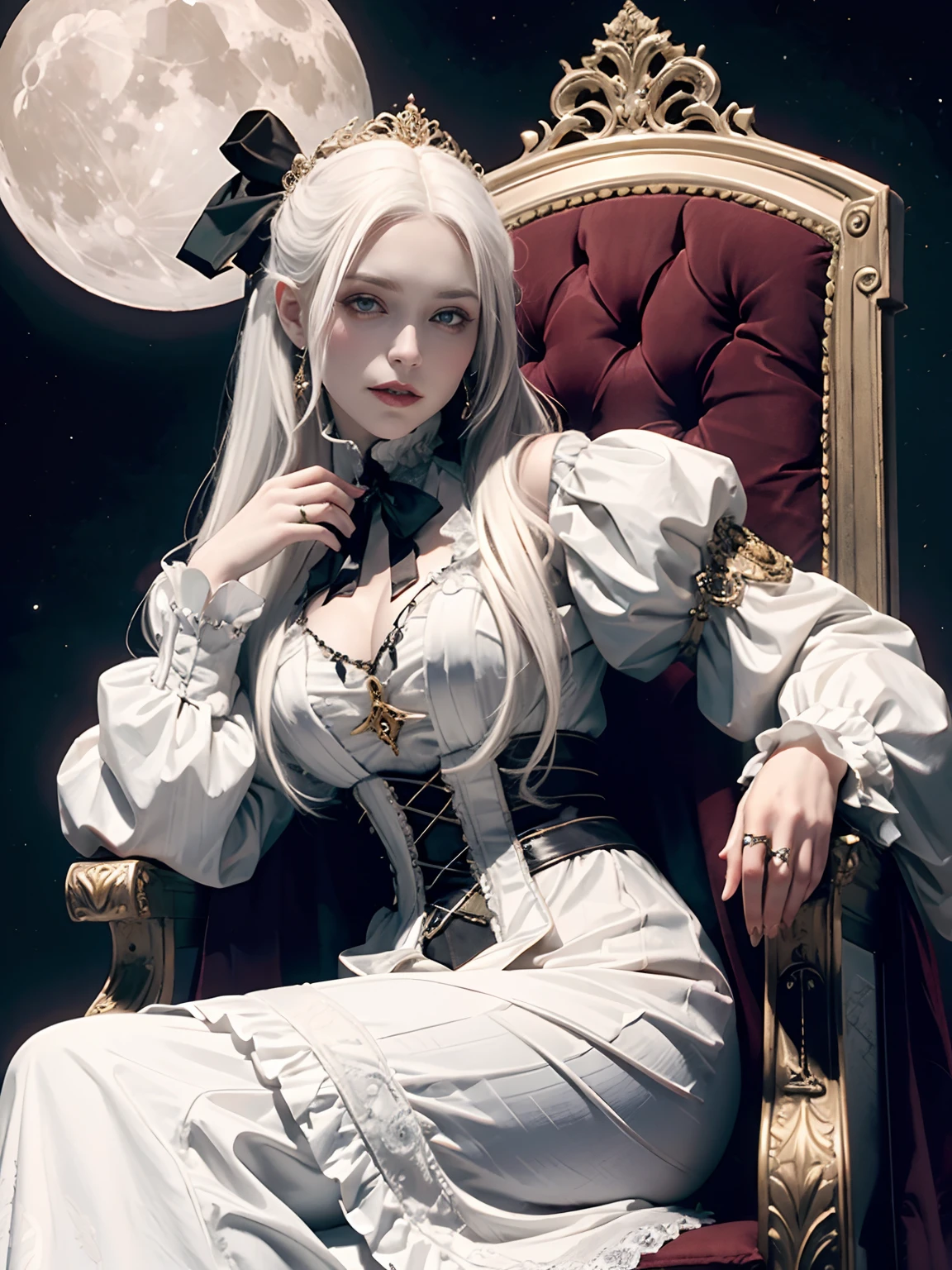 (White-haired vampire) (victorian dress) (gold accesories) (Sitting on a throne) (moon and gothic castle background) (highly detailed) (evil smirk) (Gothic castle)