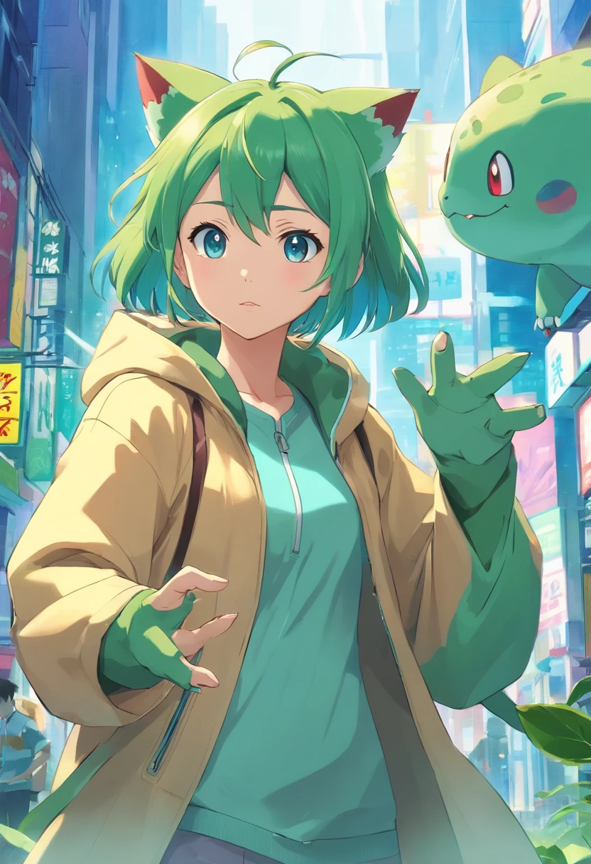 "a detailed artwork of Pokémon Bulbasaur wearing a hokage overcoat and on his face with a serious expression, Pokémon, 4k, 8k, Full HD, corpo inteiro, Pokémon Art Style, estilo de desenho hiper-realista, arte de anime limpa e detalhada, Dynamic background."