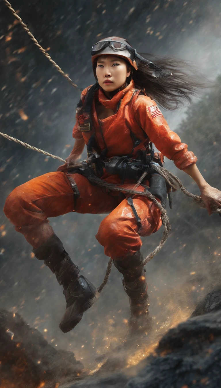 Beautuful Women,Chinese people,People who carry out rope rescue training,Rescuers, action sports, climbing, ropes, challenge,, Courage and determination, Heroic rescue scene, Emergency Response Team, full body shot of, Jaw-dropping effect, Studio lighting, Ultra-high definition, high resolution. Light settings in the scene,Challenging environment,Heart-pounding moments,adrenaline rush,Showing meticulous,Create a studio-like environment,Enhance visual impact.