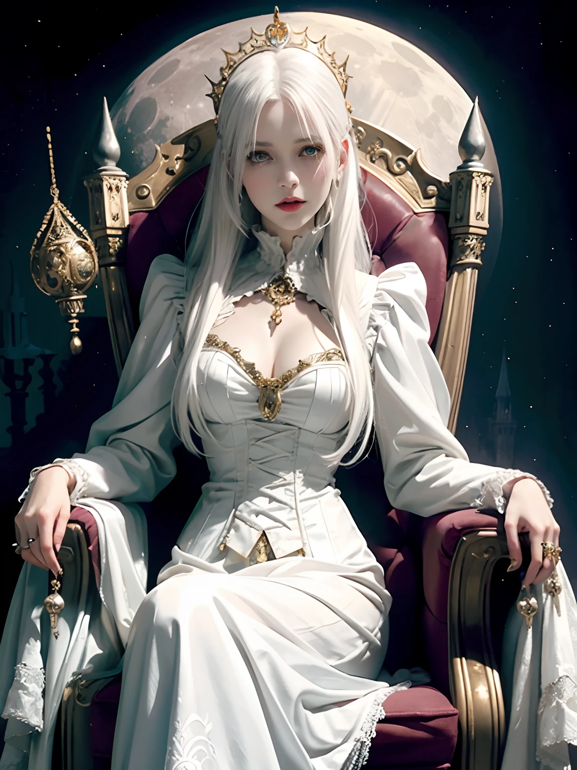 (White-haired female vampire) (victorian dress) (gold accesories) (Sitting on a throne) (moon and gothic castle background) (highly detailed) (evil face) (Gothic castle)