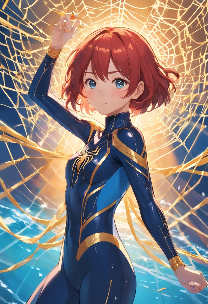 Young redhead in wetsuit with golden spider web designs and the other colors are blue and white, tiene escote en el pecho con una gema dorada incrustada en el. Aureola dorada tras su cabeza. She has halos of golden light on her wrists.