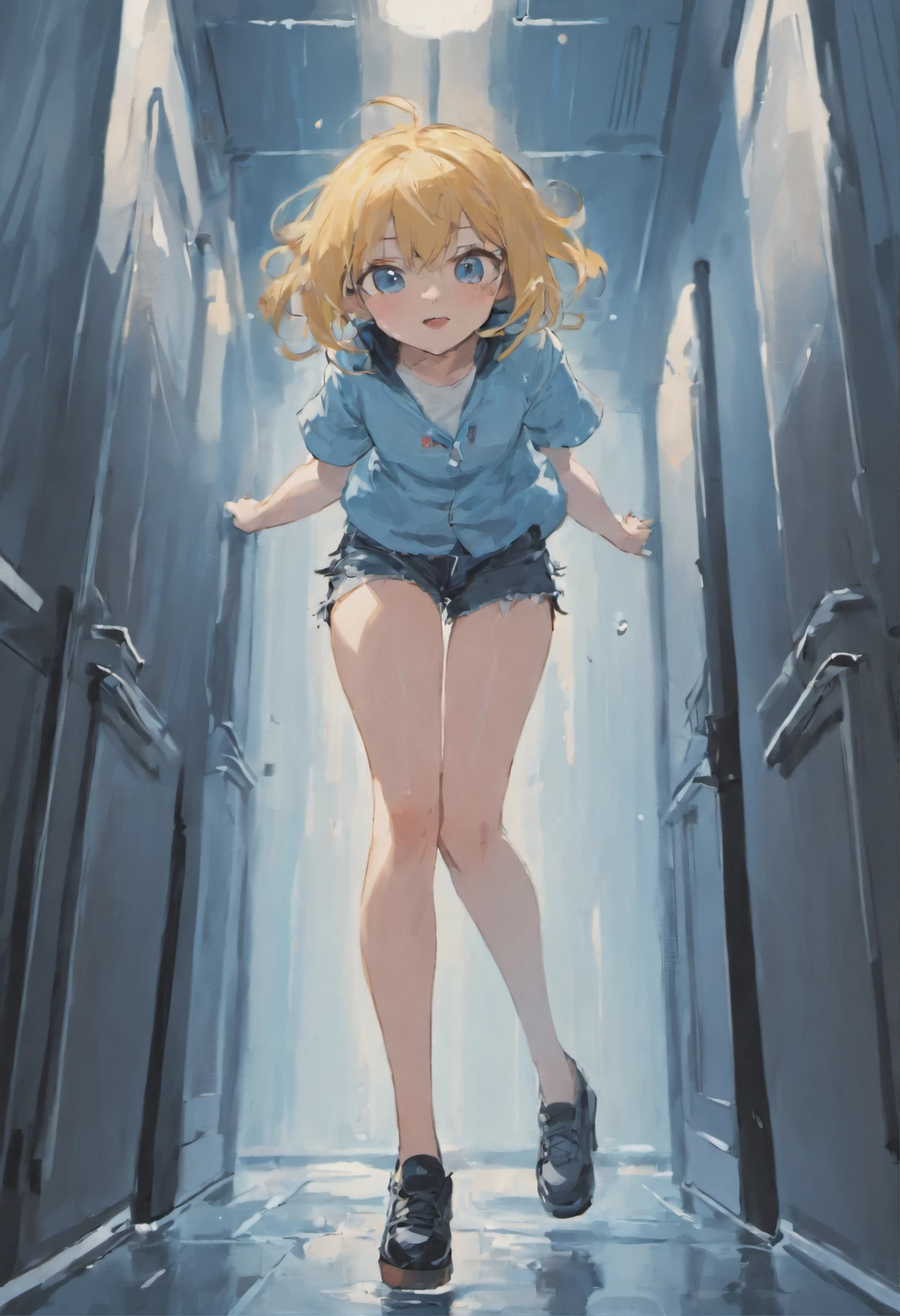 A girl wearing blue jeans, a white shirt, and black shoes. The girl pees in her shorts as it ran down the girls legs from her wet shorts.