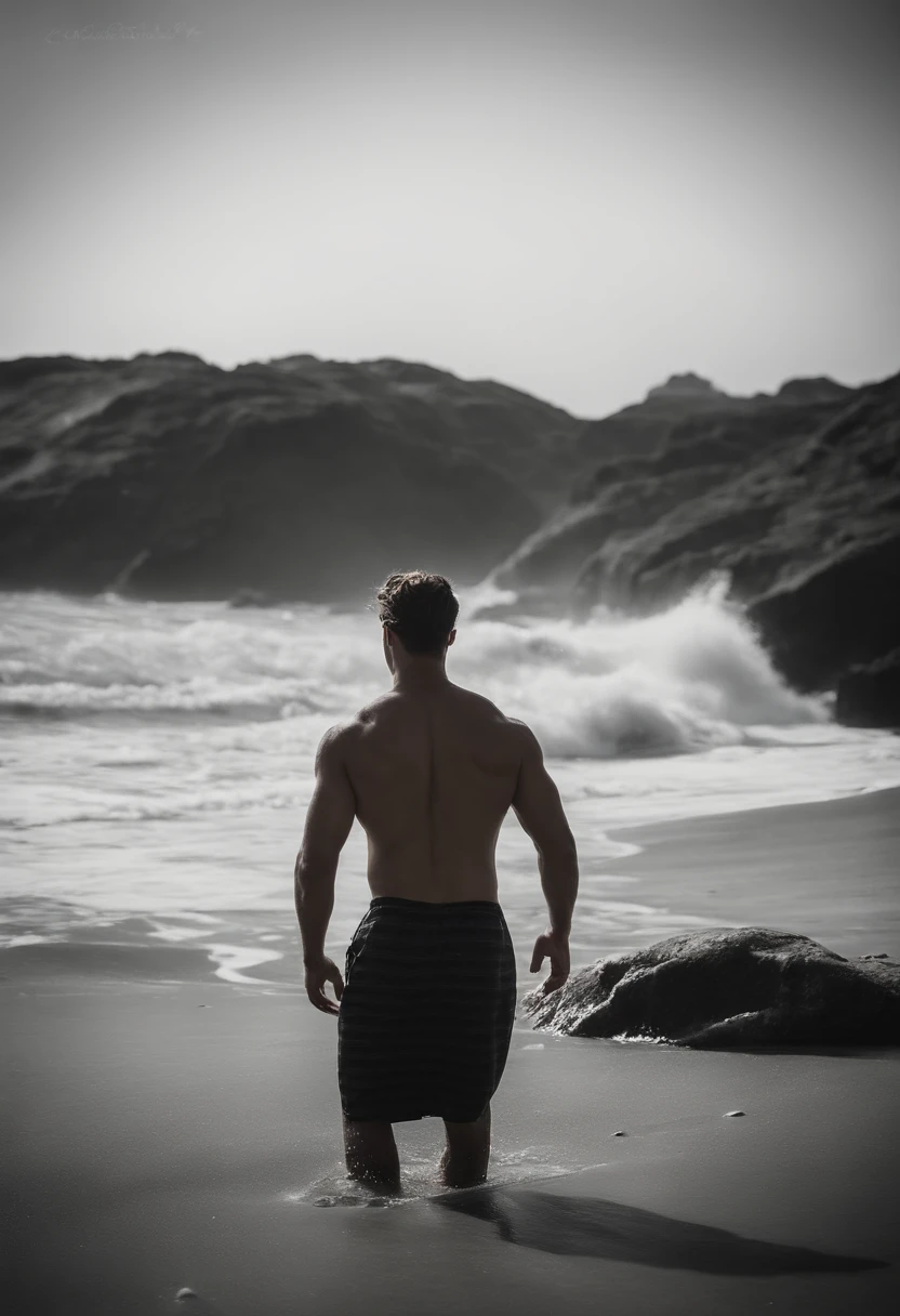 Em 4H, imagem de um garoto branco musculoso, de olhos azuis, cabelos pretos, vestindo um, short preto, nadando no mar.