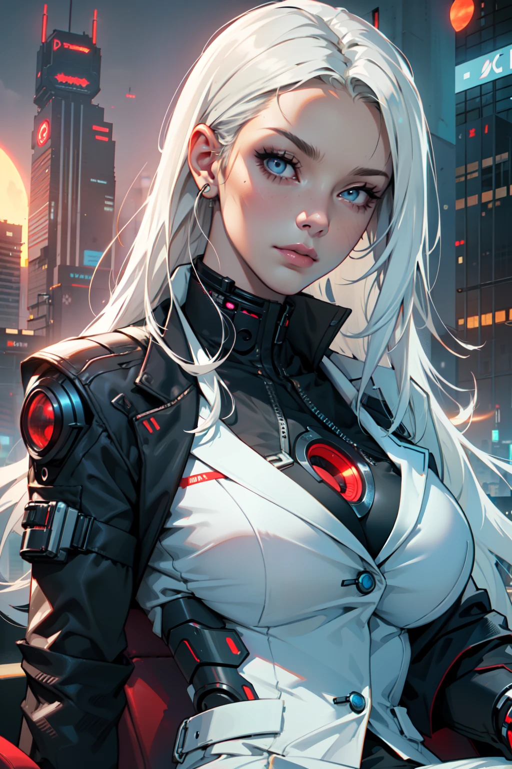 (masterpiece:1.3), (8k, photorealistic, RAW photo, best quality: 1.4), (1girl), beautiful face, (realistic face), Nice hairstyle,Realistic Eyes,Nice detail eyes,(Realistic Skin),Beautiful Skin,Ridiculous,attractive,Ultra high Resolution,an ultra realistic,RAWExtremely detailed,golden proportions, Woman wearing business outfit, white formal blazer, white blouse, high waist business skirt, beautiful, masterpiece, best quality, perfect lighting, (white hair:1.4), long hair, (blue eyes:1.2), slender build, thin, medium breasts, business woman, ceo, sitting in luxurious black office chair, giant modern window with view of dusk cyberpunk city skyline in background, ((full body shot)), dusk, (cyberpunk city background:1.3), (Hazy sky:1.2), (Dim red sun:1.3), eyelashes, dark eyeliner, cyberpunk, older, sleek modern-futuristic office