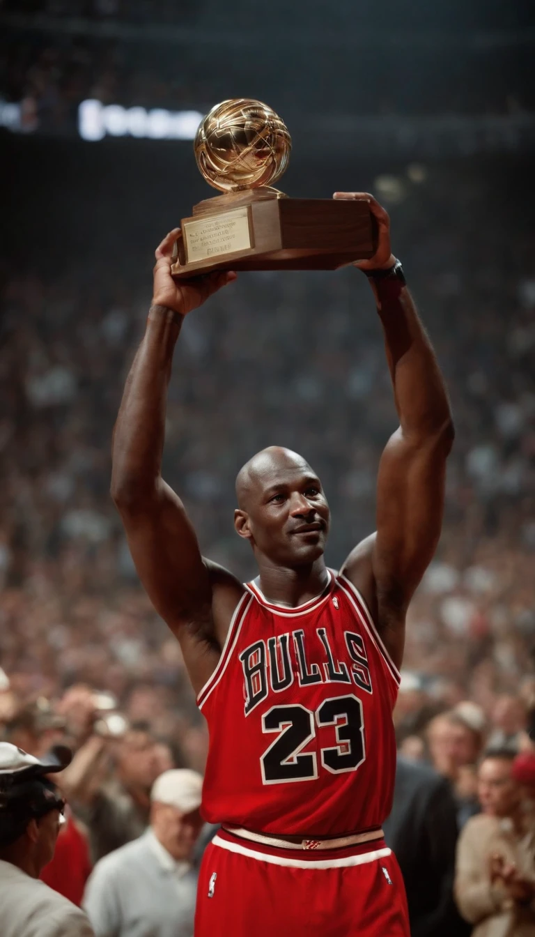 bulls player holding trophy in air with crowd in background, michael jordan, holding the larry o'brien trophy,with money flying around him