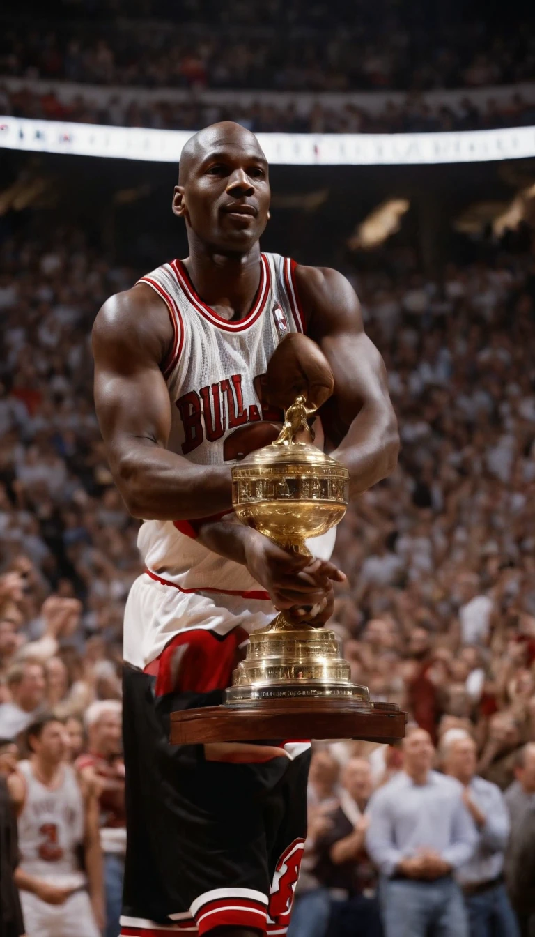 bulls player holding trophy in air with crowd in background, michael jordan, holding the larry o'brien trophy,with money flying around him