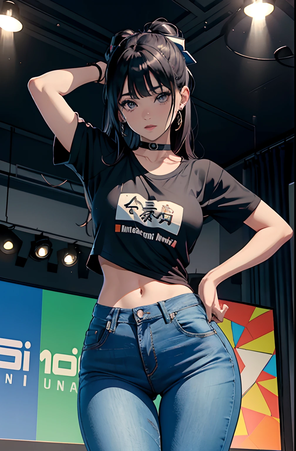 (Hinata Hyuga, muito sensual, com roupas apertadas, bunda grande, pernas grossas, Wearing extremely tight jeans, usando uma mini blusa, umbigo com pirsing, cabelo grande, Speaker behind, muito realista, extremamente sexy, 8k, 8k extremamente detalhado), (um extremamente delicado e bonito), (obra-prima), (melhor qualidade: 1.0), (ultra highres:1.0)