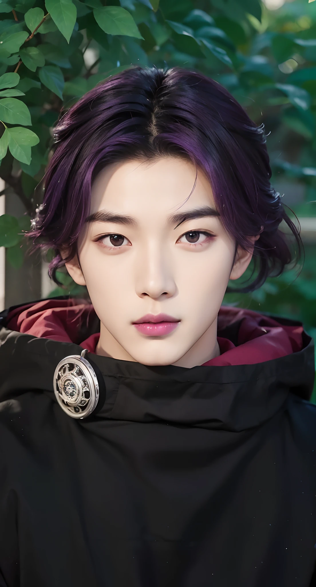 Real life adaption of this character, Korean handsome man face, cool expression,red eyes color, purple lips color,realistic same hair,(realistic same outfit), realistic background, hyper realistic, realistic light, realistic shadow, realism,(photorealistic:1.2), looking to viewer,normal eyebrow