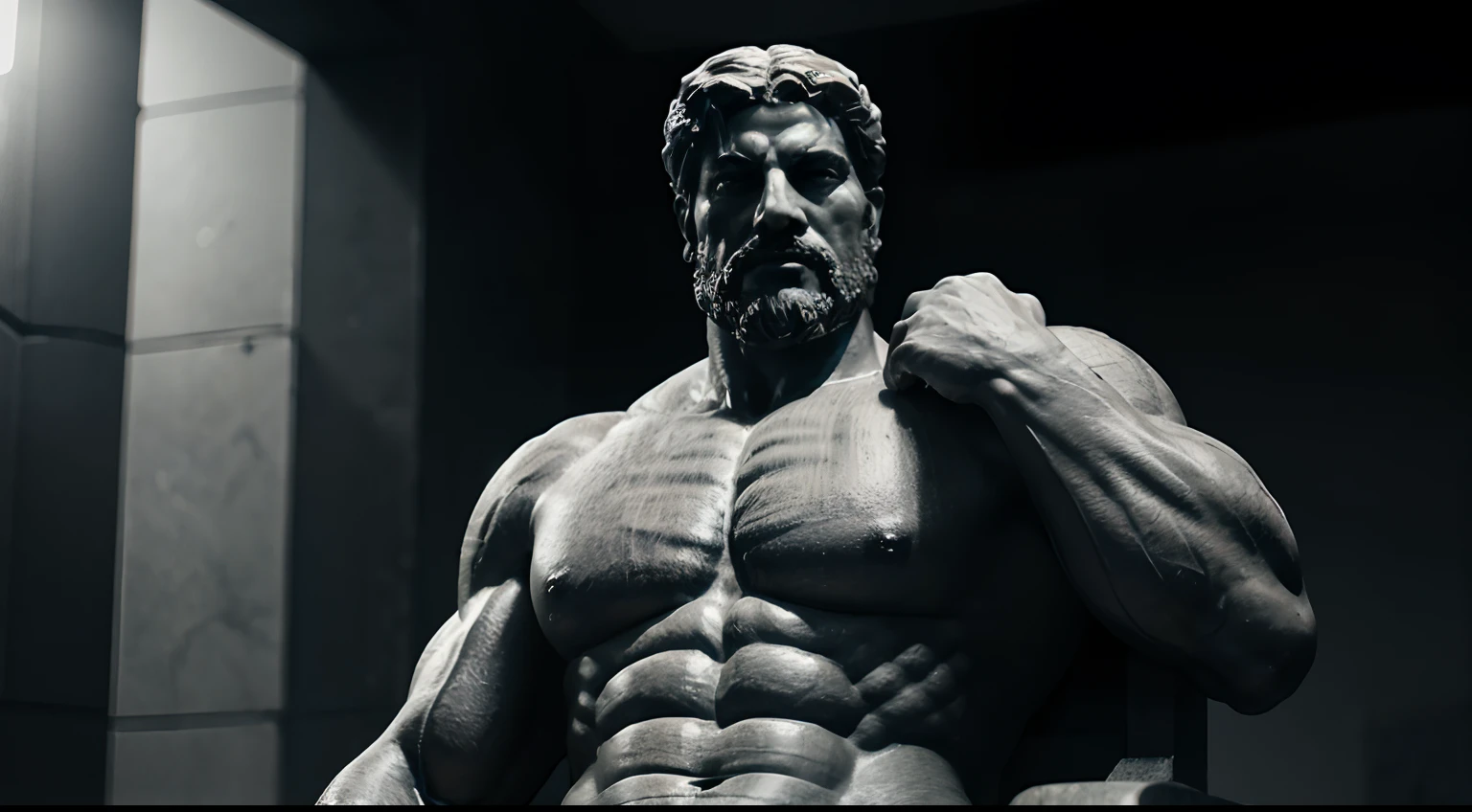 Muscular statue of Greek philosopher, barba grande, cinemactic, fundo escuro, 8k, ultra-realistic black and white