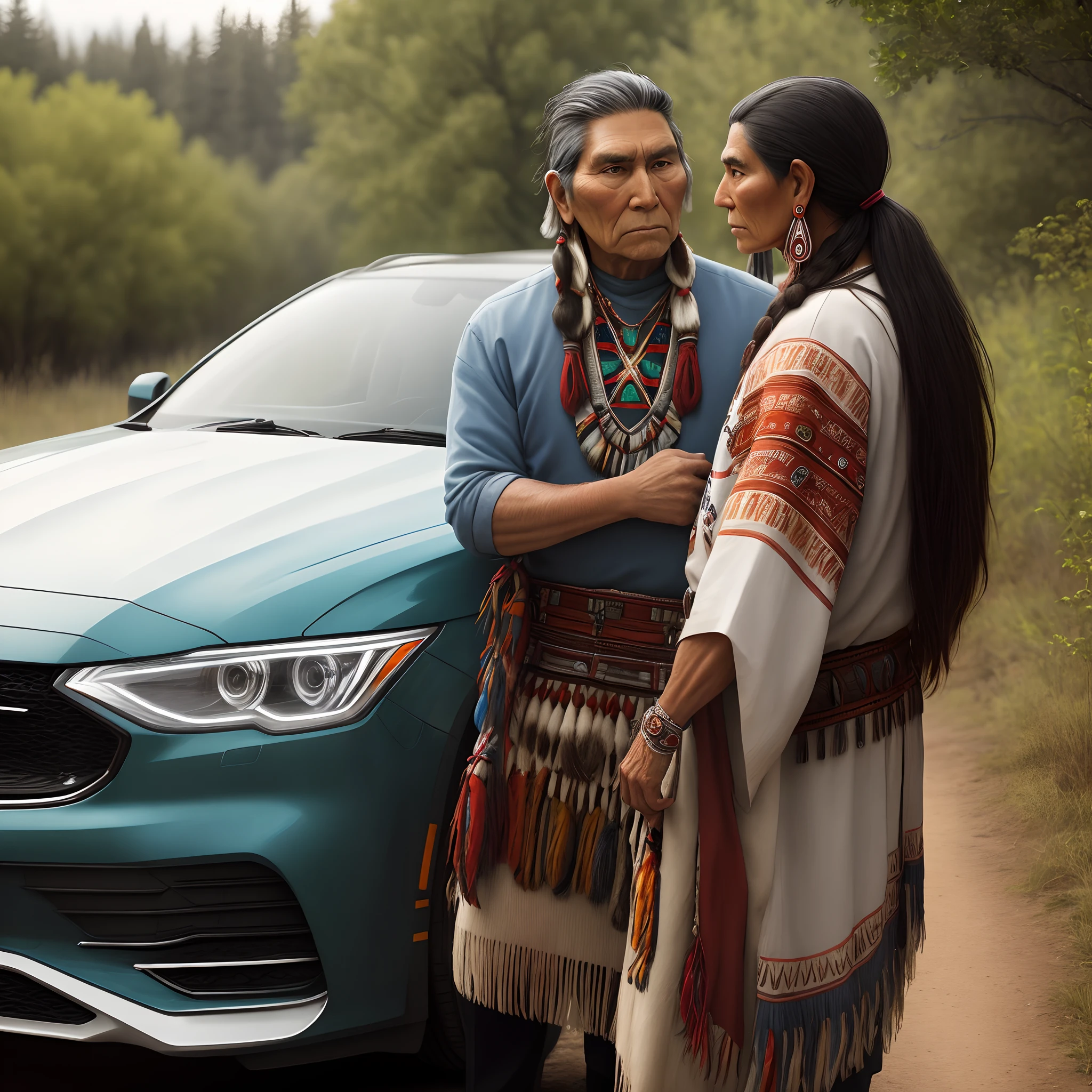 American Indian looking at a car