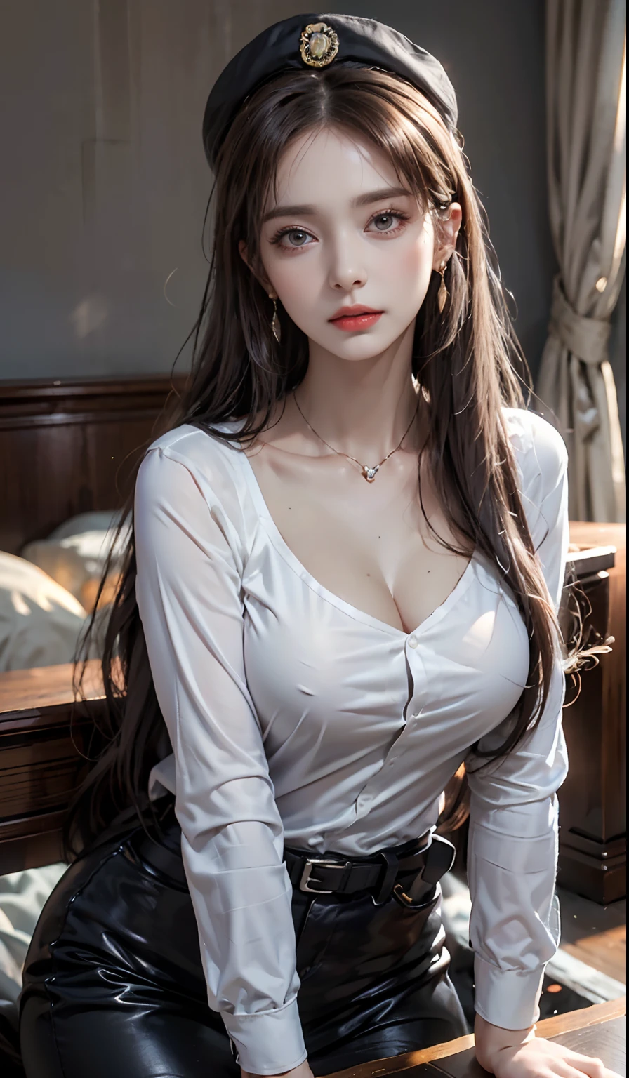 Simple background, (Wearing a policewoman uniform and hat: 1.4), Good hands, 4K, High resolution, masutepiece, Best Quality, Head: 1.3, ((Hasselblad photo)), Fine skin, Clear focus, (Cinematic lighting), Soft lighting, Dynamic Angle, [:( Detailed face: 1.2): 0.2], medium breasts, breasts, (((Inside the mansion))), (Chest exposed: 1.1), 1 girl, Jewelry, earrings, orange_skyporn, Solo, Mole, long_hair, Mole_Under_eye, The upper part of the body_Body, greys_Eyes, up looking_で_viewer,, Brunet, Fashion, (Head tilt: 1.4), Simple background, Red background,