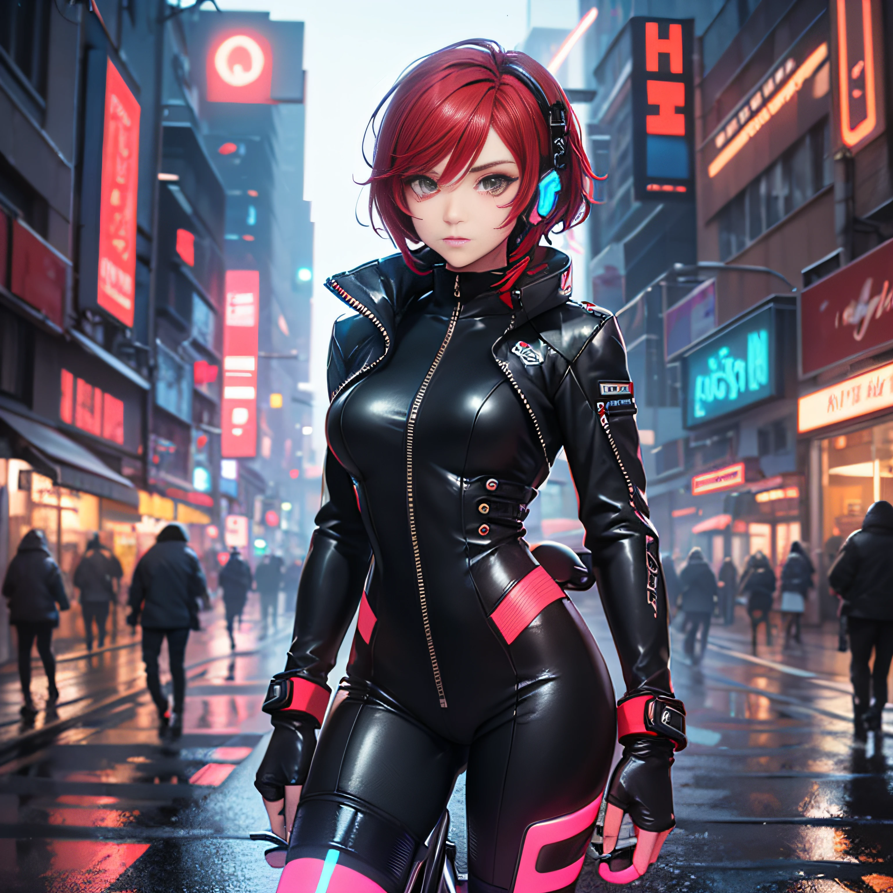 biker girl, motorcycle, Leather one-piece garment, Short hair, Dark colors, Cyberpunk, Neon lights, Red hair, Sexy, tightsuit, Night, the city street, mitts, rain
