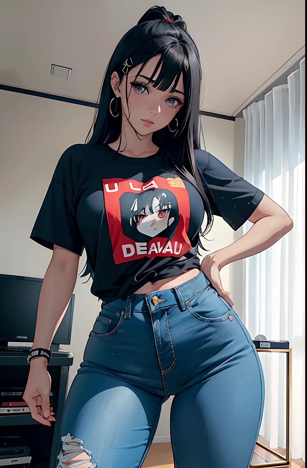 (Hinata Hyuga, muito sensual, com roupas apertadas, bunda grande, pernas grossas, Wearing extremely tight jeans, usando uma mini blusa, umbigo com pirsing, cabelo grande, Speaker behind, muito realista, extremamente sexy, 8k, 8k extremamente detalhado), (um extremamente delicado e bonito), (obra-prima), (melhor qualidade: 1.0), (ultra highres:1.0)