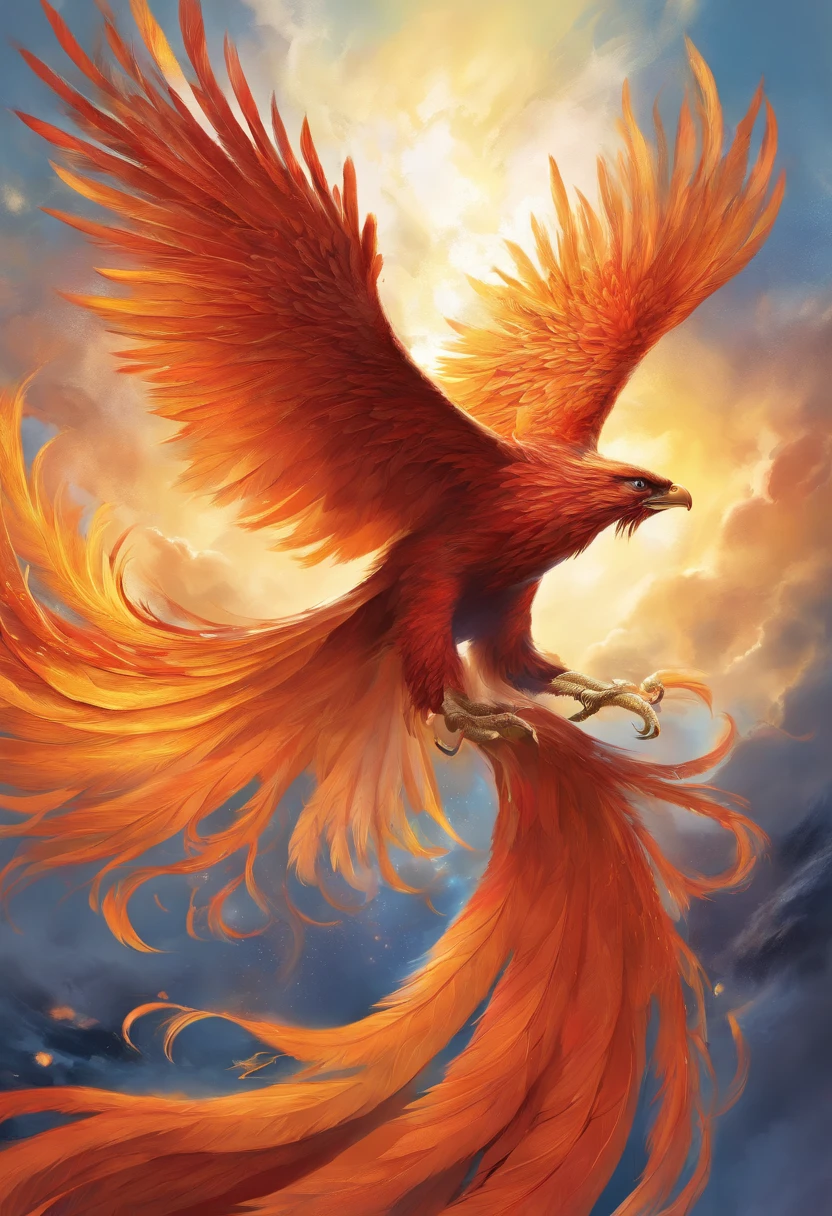(Best quality,4K,8k,high resolucion,Masterpiece:1.2),Ultra-detailed,(Realstic,photoreallistic,photo-realistic:1.37),Des couleurs vives et vibrantes,mise au point nette,Expressions vives,belles plumes,Inflamed wings,queue ardente,mythical creature,fierce and majestic,Phoenix rises from the ashes,dramatic lighting,ethereal glow,illustration,fantaisie,Light shines through the clouds,Jardin verdoyant,Enchanted atmosphere,Transformation et renaissance,Detailed plumage,plumes dans des tons vifs de rouge, orange, et jaune,Plumes of smoke and flame swirling around the phoenix,Des yeux brillants,Posture royale,Grandiose and impressive presence,Hope and resilience,A Revived Ancient Legend,Impressive beauty,Gardien mythique du feu et de la vie,Incredible attention to detail,rayonnant de chaleur et de puissance,Emphasize the texture and complexity of the feathers,Exquisite depiction of strength and grace,Legendary Creature in Flight,Breathtaking and magical depiction of the phoenix,Photo-realistic depiction of a mythical wonder