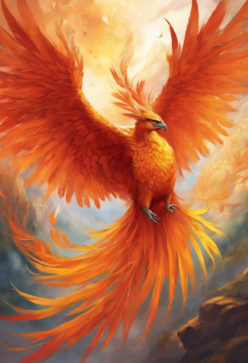 (Best quality,4K,8k,high resolucion,Masterpiece:1.2),Ultra-detailed,(Realstic,photoreallistic,photo-realistic:1.37),Des couleurs vives et vibrantes,mise au point nette,Expressions vives,belles plumes,Inflamed wings,queue ardente,mythical creature,fierce and majestic,Phoenix rises from the ashes,dramatic lighting,ethereal glow,illustration,fantaisie,Light shines through the clouds,Jardin verdoyant,Enchanted atmosphere,Transformation et renaissance,Detailed plumage,plumes dans des tons vifs de rouge, orange, et jaune,Plumes of smoke and flame swirling around the phoenix,Des yeux brillants,Posture royale,Grandiose and impressive presence,Hope and resilience,A Revived Ancient Legend,Impressive beauty,Gardien mythique du feu et de la vie,Incredible attention to detail,rayonnant de chaleur et de puissance,Emphasize the texture and complexity of the feathers,Exquisite depiction of strength and grace,Legendary Creature in Flight,Breathtaking and magical depiction of the phoenix,Photo-realistic depiction of a mythical wonder