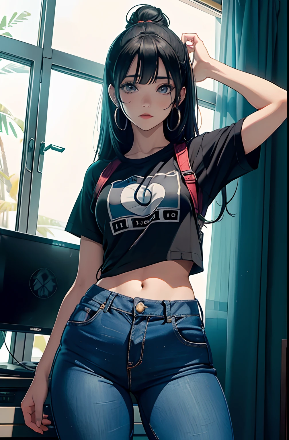 (Hinata Hyuga, muito sensual, com roupas apertadas, bunda grande, pernas grossas, Wearing extremely tight jeans, usando uma mini blusa, umbigo com pirsing, cabelo grande, Speaker behind, muito realista, extremamente sexy, 8k, 8k extremamente detalhado), (um extremamente delicado e bonito), (obra-prima), (melhor qualidade: 1.0), (ultra highres:1.0)