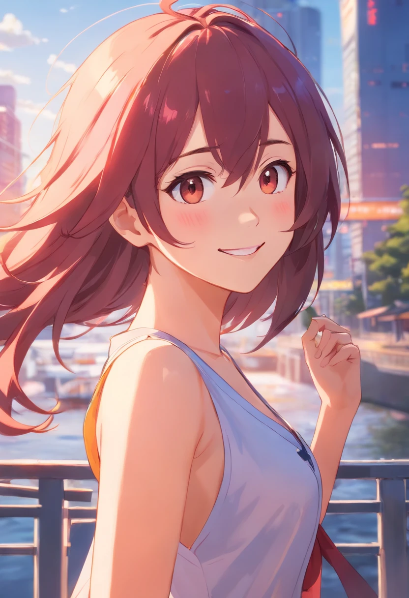 Chica de anime sonriendo, cabello rosado, cabello desordenado, ojos rojos, cara linda, Mirada de novia, Parte superior blanca, falda corta negra, pose sensual